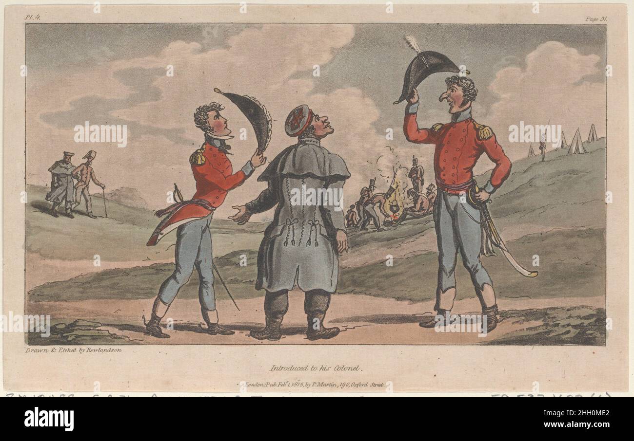 Introdotto al suo colonnello, da 'The Military Adventures of Johnny Newcome' 1815 Thomas Rowlandson un ufficiale che indossa un cappello rotondo, introduce Johnny al suo colonnello a destra. Alzano i cappelli l'uno verso l'altro in saluto. Presentato al suo colonnello, da 'le avventure militari di Johnny Newcome'. "Le avventure militari di Johnny Newcome". Thomas Rowlandson (British, Londra 1757–1827 Londra). 1815. Acquaforte colorata a mano e acquatinta. Patrick Martin & Co (British, Londra attiva, 1813–15). Stampa Foto Stock