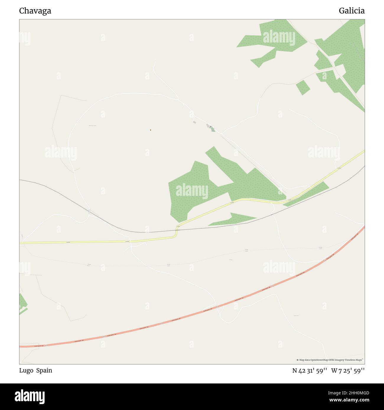 Chavaga, Lugo, Spagna, Galizia, N 42 31' 59'', W 7 25' 59''', mappa, mappa senza tempo pubblicata nel 2021. Viaggiatori, esploratori e avventurieri come Florence Nightingale, David Livingstone, Ernest Shackleton, Lewis and Clark e Sherlock Holmes si sono affidati alle mappe per pianificare i viaggi verso gli angoli più remoti del mondo, Timeless Maps sta mappando la maggior parte delle località del mondo, mostrando il successo di grandi sogni Foto Stock