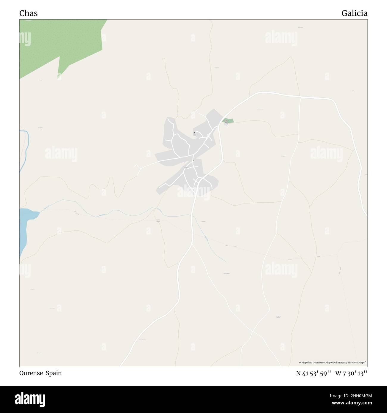 Chas, Ourense, Spagna, Galizia, N 41 53' 59'', W 7 30' 13''', mappa, mappa senza tempo pubblicata nel 2021. Viaggiatori, esploratori e avventurieri come Florence Nightingale, David Livingstone, Ernest Shackleton, Lewis and Clark e Sherlock Holmes si sono affidati alle mappe per pianificare i viaggi verso gli angoli più remoti del mondo, Timeless Maps sta mappando la maggior parte delle località del mondo, mostrando il successo di grandi sogni Foto Stock