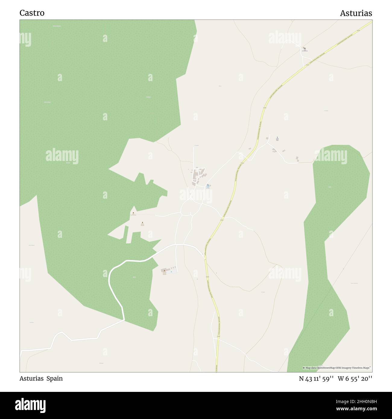 Castro, Asturie, Spagna, Asturie, N 43 11' 59'', W 6 55' 20''', mappa, mappa senza tempo pubblicata nel 2021. Viaggiatori, esploratori e avventurieri come Florence Nightingale, David Livingstone, Ernest Shackleton, Lewis and Clark e Sherlock Holmes si sono affidati alle mappe per pianificare i viaggi verso gli angoli più remoti del mondo, Timeless Maps sta mappando la maggior parte delle località del mondo, mostrando il successo di grandi sogni Foto Stock