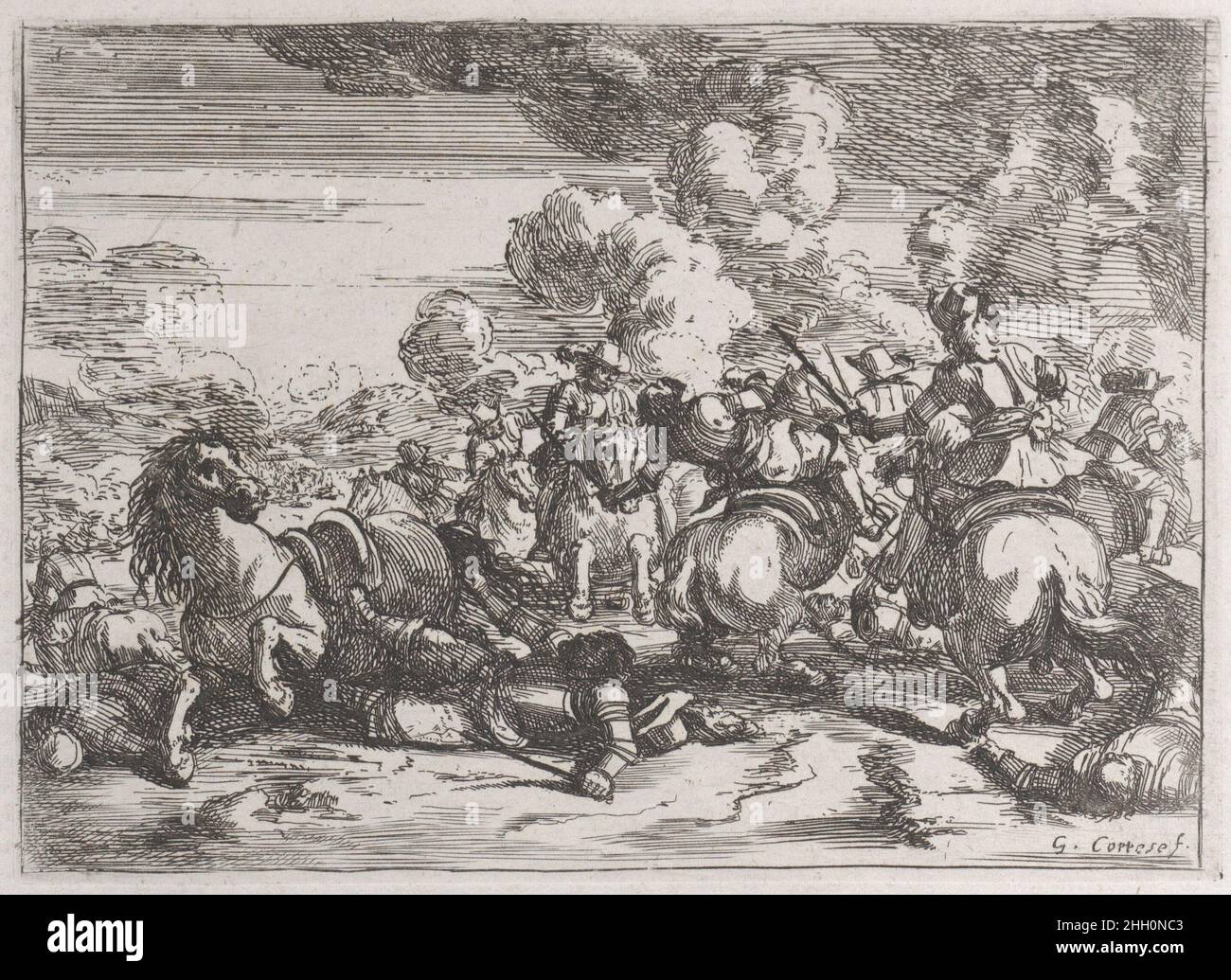 Piatto 5: Il capo comandante ferito si trova a terra, mentre la battaglia continua a destra 1635–60 Jacques Courtois. Targa 5: Il capo comandante ferito si trova a terra, mentre la battaglia continua a destra. Scènes militaires (scene militari). Jacques Courtois (francese, Saint-Hippolyte 1621–1676 Roma). 1635–60. Acquaforte. Stampa Foto Stock