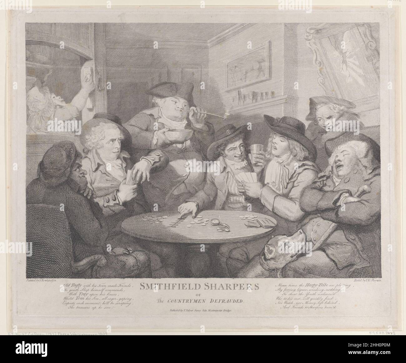 Smithfield Sharpers, o il Countryman defrauded [10 aprile 1787], ristampato 1809–16 John Keyse Sherwin. Smithfield Sharpers, o il Countryman defrauded. John Keyse Sherwin (British, East Dean, Sussex 1751–1790 Londra). [10 aprile 1787], ristampato 1809–16. Acquaforte. Thomas Palser (britannico, attivo dal 1803 al 43). Stampa Foto Stock