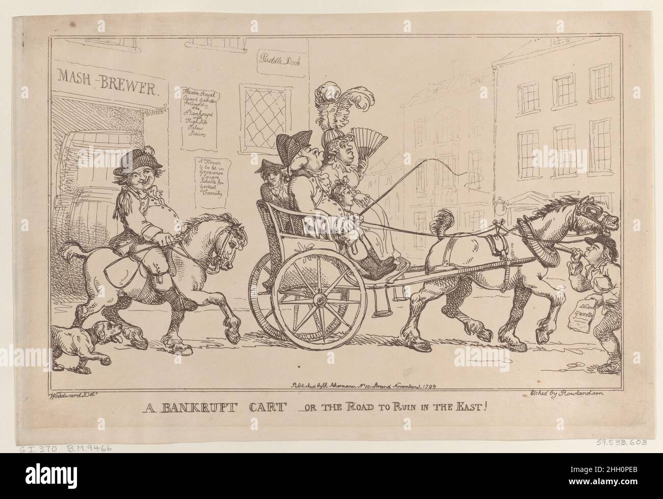 Un carrello in bancarotta, o la strada per rovinare in Oriente! 5 novembre 1799 Thomas Rowlandson una famiglia guida in un carro grezzo a due ruote disegnato da una carnosa stucco. L'uomo guida, indossando un cappello nascosto e sua moglie indossa grandi piume nel suo piccolo cappuccio di paglia e tiene un ventilatore. Un ragazzo e una ragazza sono schiacciate nella parte posteriore. Un footman grinning corre dietro di loro.. Un carrello in bancarotta, o la strada per rovinare in Oriente!. Thomas Rowlandson (British, Londra 1757–1827 Londra). Novembre 5, 1799. Acquaforte. Rudolph Ackermann, Londra (attivo dal 1794 al 1829). Stampa Foto Stock
