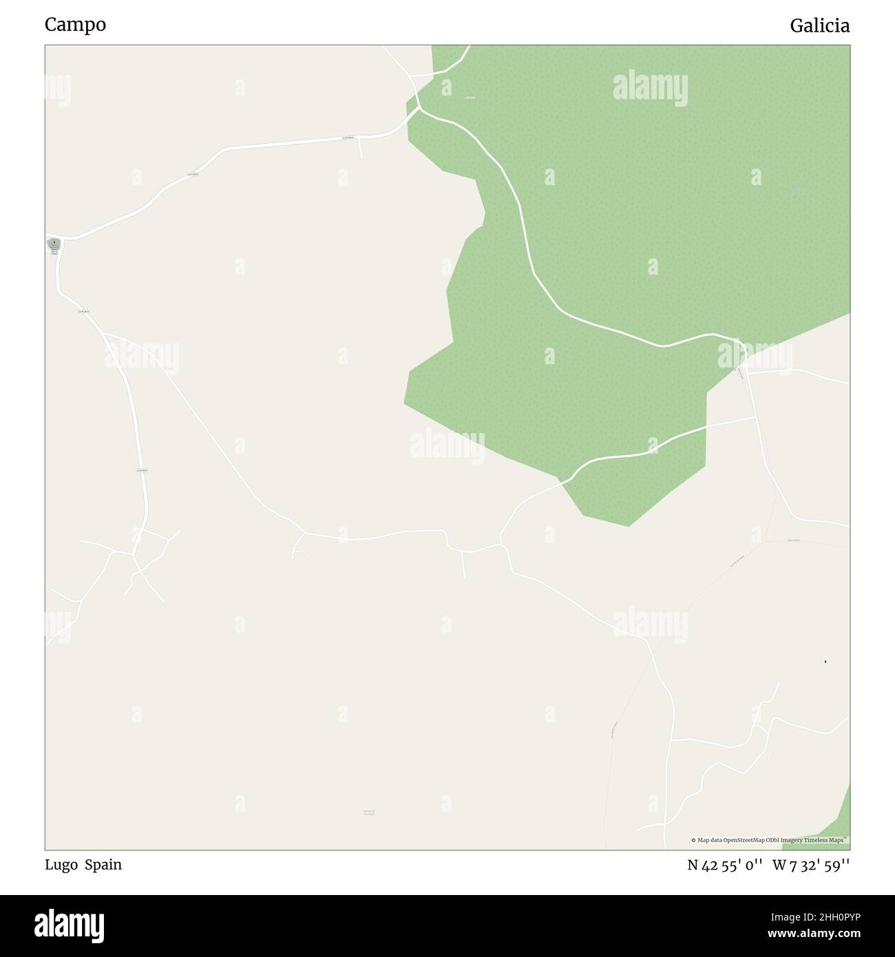 Campo, Lugo, Spagna, Galizia, N 42 55' 0'', W 7 32' 59''', mappa, Mappa senza tempo pubblicata nel 2021. Viaggiatori, esploratori e avventurieri come Florence Nightingale, David Livingstone, Ernest Shackleton, Lewis and Clark e Sherlock Holmes si sono affidati alle mappe per pianificare i viaggi verso gli angoli più remoti del mondo, Timeless Maps sta mappando la maggior parte delle località del mondo, mostrando il successo di grandi sogni Foto Stock