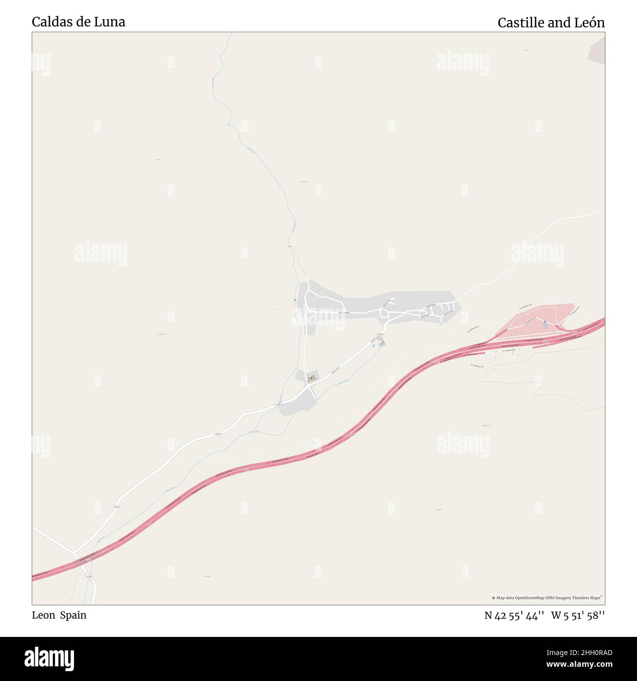 Caldas de Luna, Leon, Spagna, Castiglia e León, N 42 55' 44''', W 5 51' 58''', mappa, mappa senza tempo pubblicata nel 2021. Viaggiatori, esploratori e avventurieri come Florence Nightingale, David Livingstone, Ernest Shackleton, Lewis and Clark e Sherlock Holmes si sono affidati alle mappe per pianificare i viaggi verso gli angoli più remoti del mondo, Timeless Maps sta mappando la maggior parte delle località del mondo, mostrando il successo di grandi sogni Foto Stock