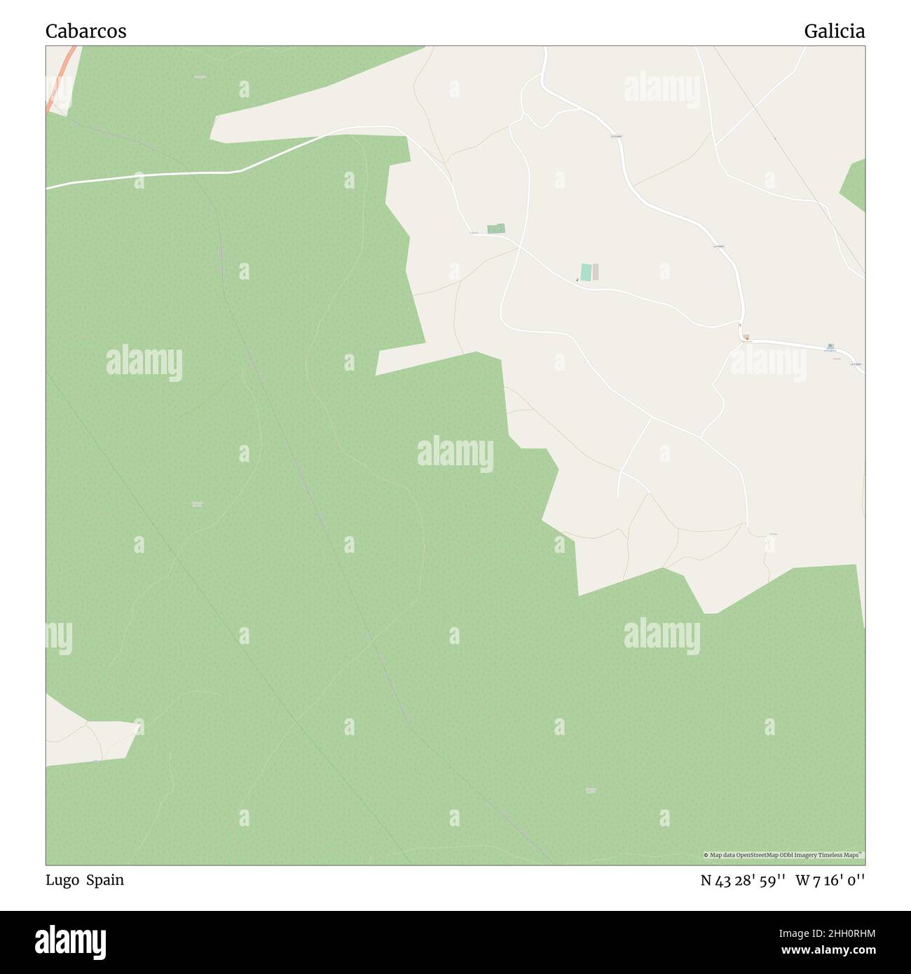 Cabarcos, Lugo, Spagna, Galizia, N 43 28' 59'', W 7 16' 0''', mappa, mappa senza tempo pubblicata nel 2021. Viaggiatori, esploratori e avventurieri come Florence Nightingale, David Livingstone, Ernest Shackleton, Lewis and Clark e Sherlock Holmes si sono affidati alle mappe per pianificare i viaggi verso gli angoli più remoti del mondo, Timeless Maps sta mappando la maggior parte delle località del mondo, mostrando il successo di grandi sogni Foto Stock