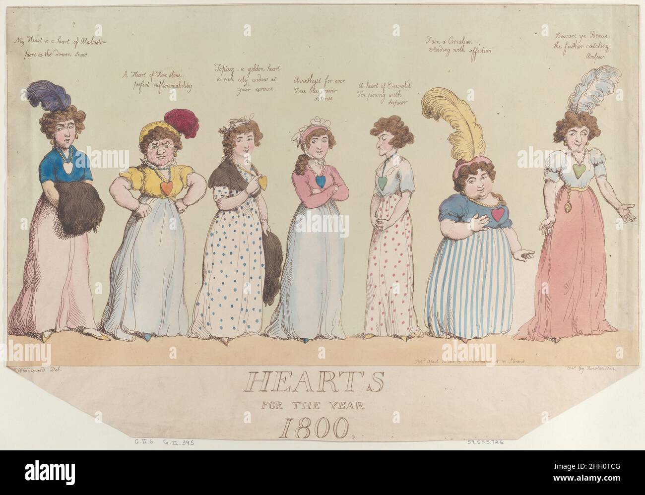 Cuori per l'anno 1800 20 aprile 1800 Thomas Rowlandson cinque donne che indossano collane a forma di cuore. Da sinistra a destra, le loro somiglianze sono finite: 'Il mio cuore è un cuore dell'Alabastro puro come la neve guidata,' 'Un cuore di pietra del fuoco, infiammabilità perfetta,' 'Topaz - un cuore dorato, Una città ricca vedova al vostro servizio, 'Ametista per oltre vero blu mai macchie,' 'Un cuore di smeraldo mi pining con disperazione,' 'sono una Cornelia - sanguinante con affetto,' e 'attenzione Beao Beao, la piuma che cattura l'ambra.'. Cuori per l'anno 1800. Thomas Rowlandson (British, Londra 1757–1827 Londra). Aprile 20, Foto Stock