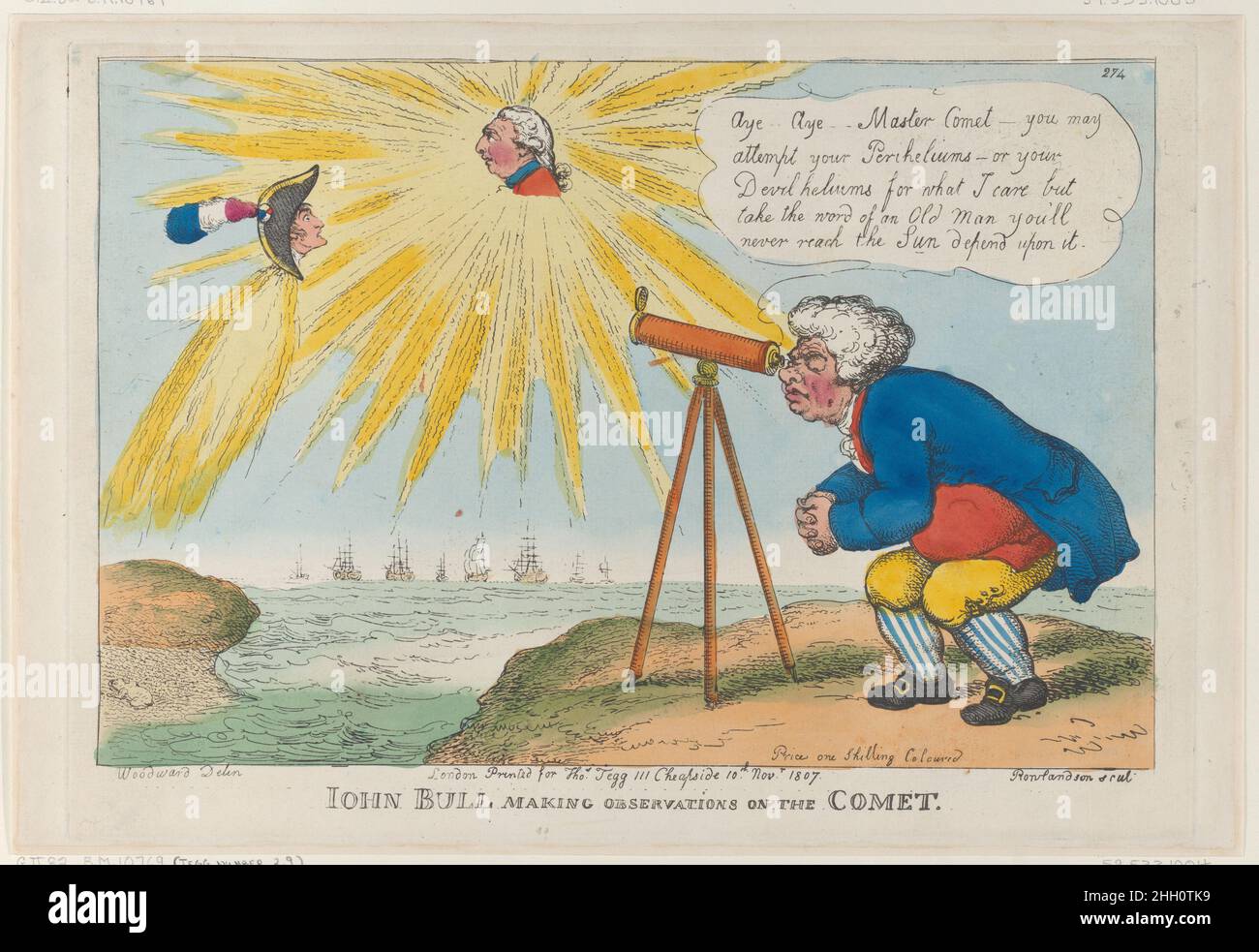 John Bull fare osservazioni sulla Cometa 10 novembre 1807 Thomas Rowlandson John Bull guarda attraverso un telescopio a destra e dice, "Aye - Aye - Master Comet - si può tentare il tuo Perielio - o il tuo Diavolo elio per ciò che mi interessa, ma prendere la parola di un vecchio uomo che non raggiungerai mai il Sole dipende da esso." Nella cometa sono le teste di profilo di Napoleone e Giorgio III.. John Bull fare osservazioni sulla Comet. Thomas Rowlandson (British, Londra 1757–1827 Londra). Novembre 10, 1807. Incisione colorata a mano. Thomas Tegg (britannico, 1776–1846). Stampa Foto Stock