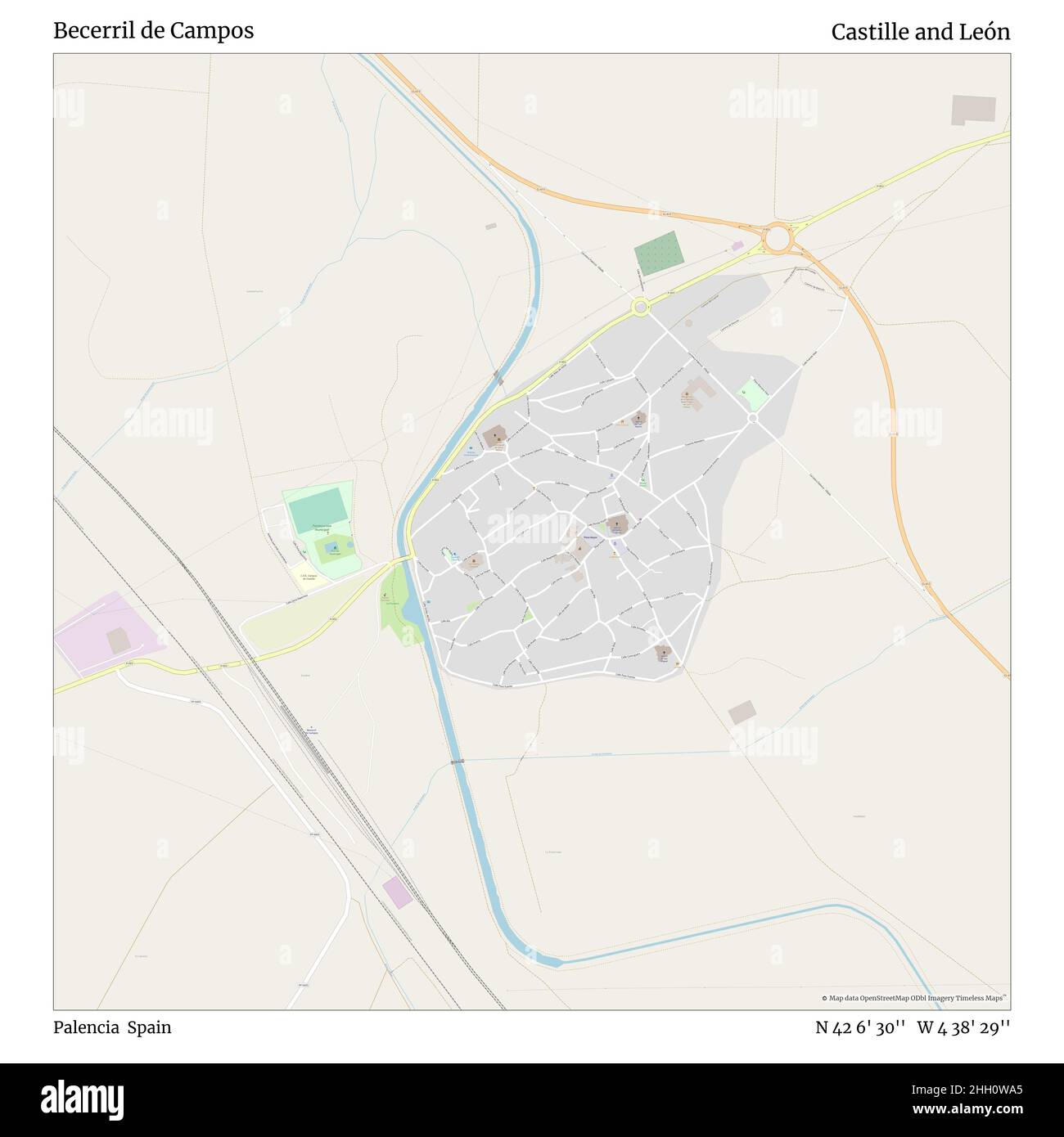 Becerril de Campos, Palencia, Spagna, Castille e León, N 42 6' 30''', W 4 38' 29''', mappa, mappa senza tempo pubblicata nel 2021. Viaggiatori, esploratori e avventurieri come Florence Nightingale, David Livingstone, Ernest Shackleton, Lewis and Clark e Sherlock Holmes si sono affidati alle mappe per pianificare i viaggi verso gli angoli più remoti del mondo, Timeless Maps sta mappando la maggior parte delle località del mondo, mostrando il successo di grandi sogni Foto Stock