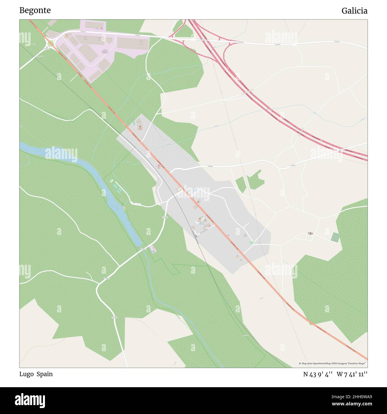 Begonte, Lugo, Spagna, Galizia, N 43 9' 4'', W 7 41' 11''', mappa, mappa senza tempo pubblicata nel 2021. Viaggiatori, esploratori e avventurieri come Florence Nightingale, David Livingstone, Ernest Shackleton, Lewis and Clark e Sherlock Holmes si sono affidati alle mappe per pianificare i viaggi verso gli angoli più remoti del mondo, Timeless Maps sta mappando la maggior parte delle località del mondo, mostrando il successo di grandi sogni Foto Stock