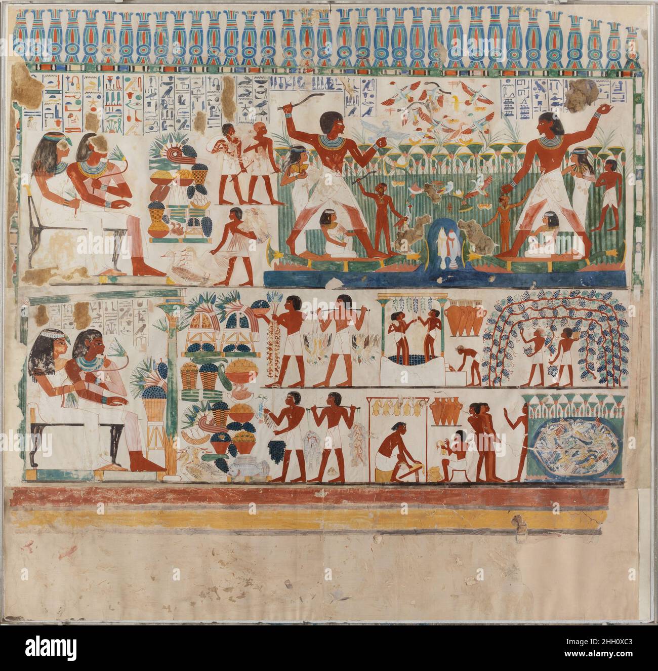 Lato nord della parete ovest della Cappella di offerta di Nakht 1908–1914; originale ca. 1410–1370 a.C. XX secolo; nuovo Regno originale Norman de Garis Davies. Lato nord della parete ovest della Cappella di offerta di Nakht. Norman de Garis Davies (1865-1941). 1908–1914; originale ca. 1410–1370 A.C. Tempera su carta. XX secolo; nuovo Regno originale. Dall'Egitto, l'Alto Egitto, Tebe, Sheikh Abd el-Qurna, Tomba di Nakht (TT 52), cappella, parete ovest, lato nord [PM (6)], MMA Graphic Section, 1907–1914. Dynasty 18 Foto Stock