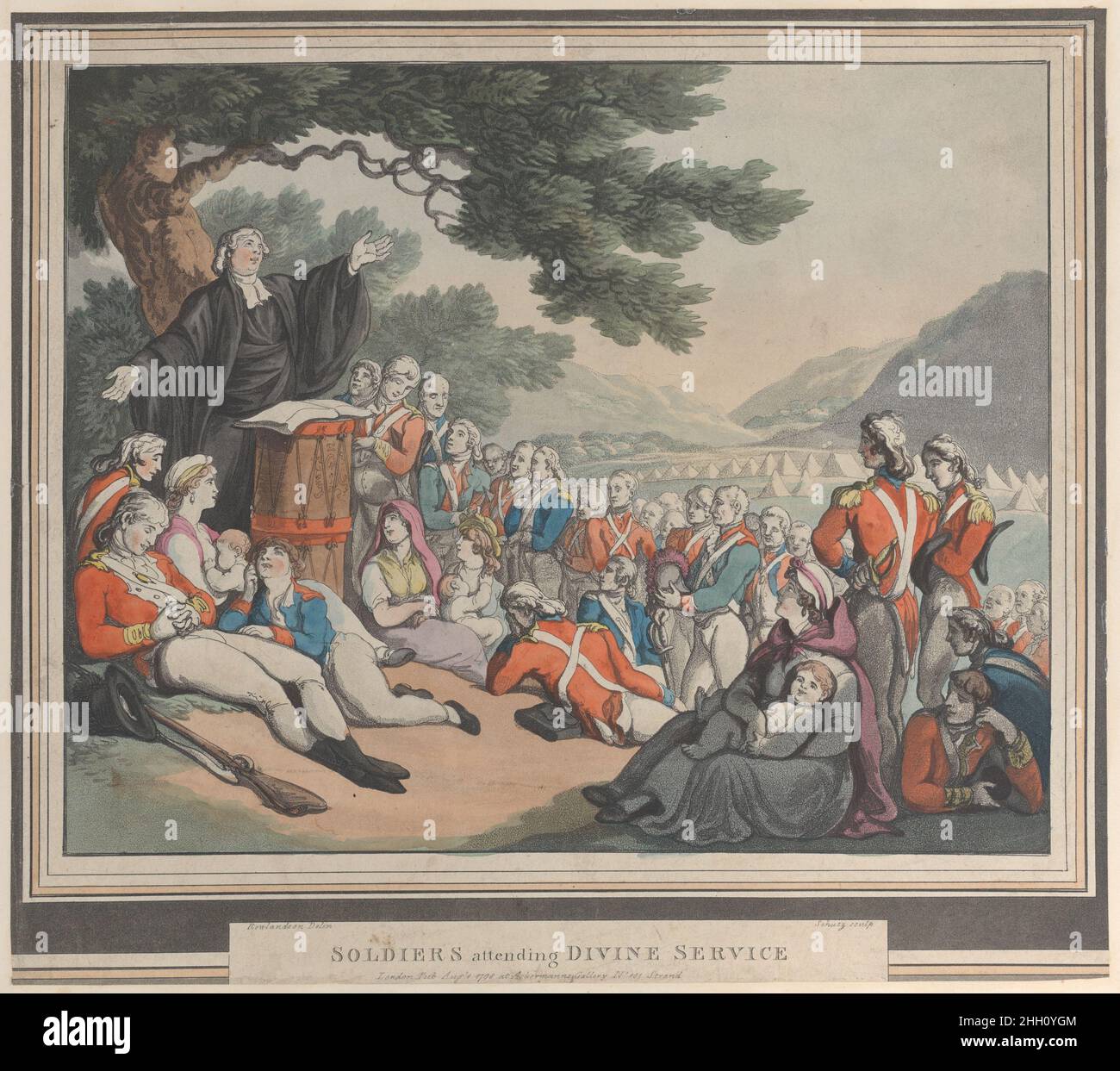 Soldati che frequentano il servizio Divino 1 agosto 1798 Heinrich Joseph Schütz. Soldati che frequentano il servizio Divino. Dopo Thomas Rowlandson (British, Londra 1757–1827 Londra). Agosto 1, 1798. Acquaforte e acquatinta, a mano. Rudolph Ackermann, Londra (attivo dal 1794 al 1829). Stampa Foto Stock