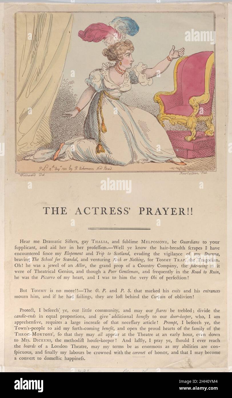 La preghiera dell'attrice!! 10 agosto 1801 Thomas Rowlandson. La preghiera dell'attrice!! Preghiere e giornali. Dopo George Murgatroyd Woodward (British, 1765–1809 Londra). Agosto 10, 1801. Acquaforte. Stampa Foto Stock