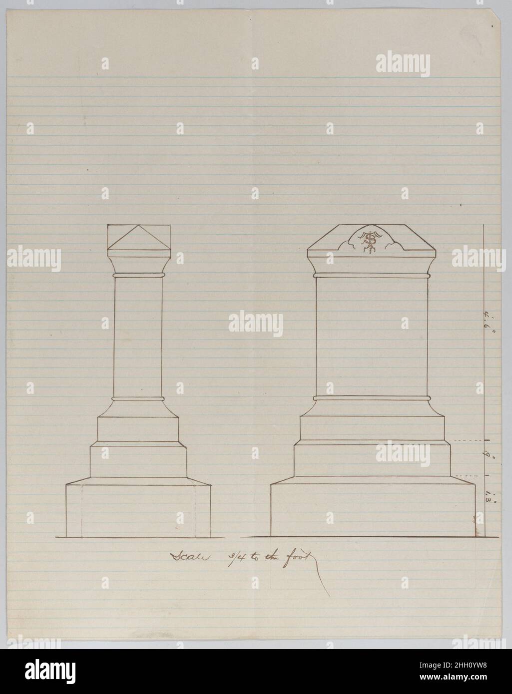 Tomba Monument Design (due elevazioni) 1840–80 Alexander Maxwell Alexander Maxwell ha progettato e realizzato monumenti sepolici per i clienti della zona di New York nella metà del diciannovesimo secolo (un bell'esempio è un mausoleo della famiglia Butterfield di ca. 1875 al cimitero di Woodlawn nel Bronx). Probabilmente erano collegati ai fornitori di marmo e granito Alexander Maxwell & Co. Di East Canaan, Connecticut, che fornì marmo per il municipio di New York in 1838 e per cento colonne usate in un'estensione del Campidoglio degli Stati Uniti, Washington DC in 1860. Questo disegno proviene da un gruppo di disegni per il memoriale privato Foto Stock