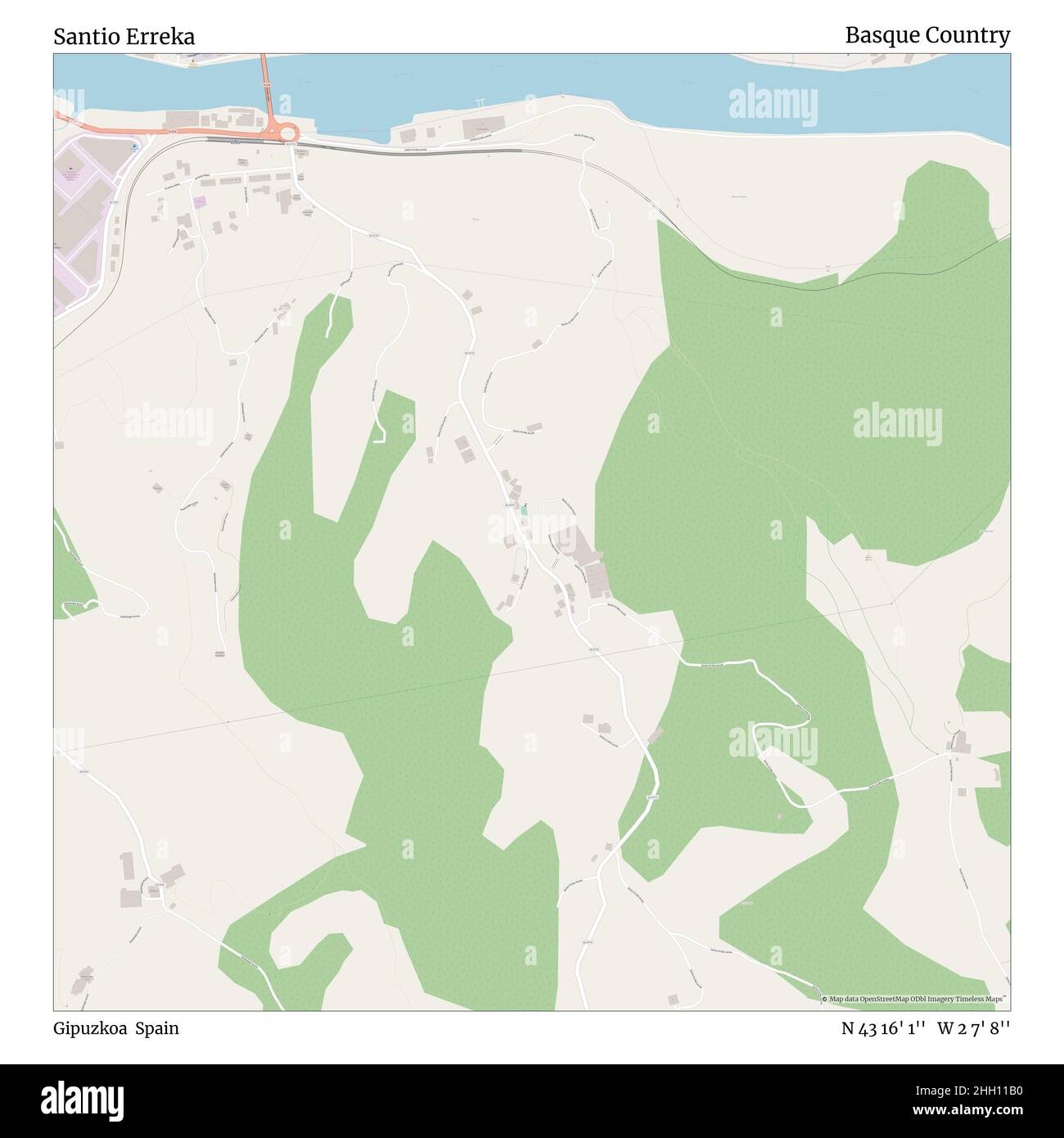 Santio Erreka, Gipuzkoa, Spagna, Paesi Baschi, N 43 16' 1''', W 2 7' 8''', mappa, Mappa senza tempo pubblicata nel 2021. Viaggiatori, esploratori e avventurieri come Florence Nightingale, David Livingstone, Ernest Shackleton, Lewis and Clark e Sherlock Holmes si sono affidati alle mappe per pianificare i viaggi verso gli angoli più remoti del mondo, Timeless Maps sta mappando la maggior parte delle località del mondo, mostrando il successo di grandi sogni Foto Stock