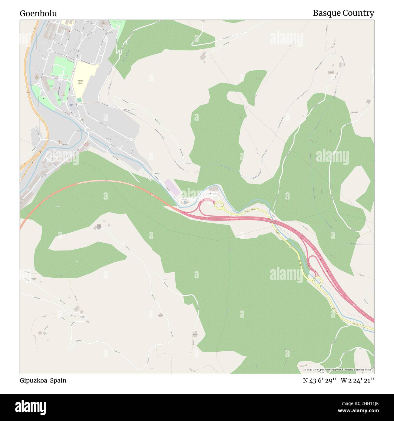 Goenbolu, Gipuzkoa, Spagna, Paesi Baschi, N 43 6' 29''', W 2 24' 21''', mappa, Mappa senza tempo pubblicata nel 2021. Viaggiatori, esploratori e avventurieri come Florence Nightingale, David Livingstone, Ernest Shackleton, Lewis and Clark e Sherlock Holmes si sono affidati alle mappe per pianificare i viaggi verso gli angoli più remoti del mondo, Timeless Maps sta mappando la maggior parte delle località del mondo, mostrando il successo di grandi sogni Foto Stock