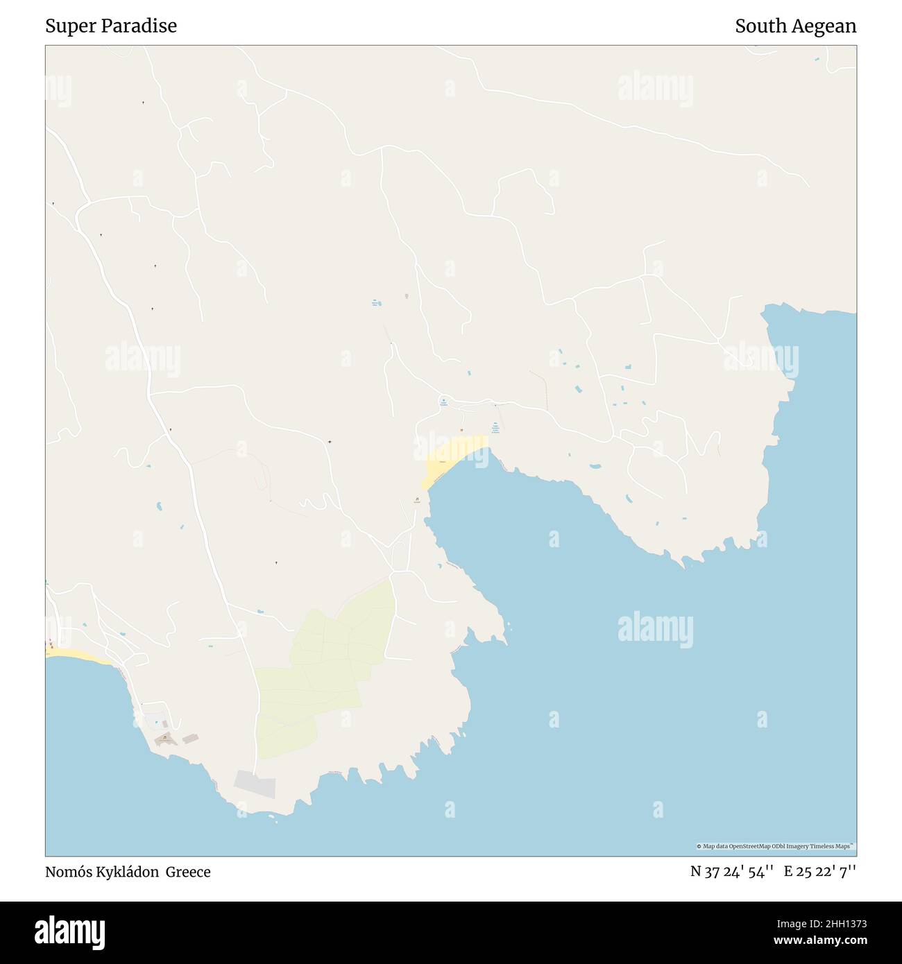 Super Paradise, Nomós Kykládon, Grecia, Egeo meridionale, N 37 24' 54'', e 25 22' 7''', mappa, mappa senza tempo pubblicata nel 2021. Viaggiatori, esploratori e avventurieri come Florence Nightingale, David Livingstone, Ernest Shackleton, Lewis and Clark e Sherlock Holmes si sono affidati alle mappe per pianificare i viaggi verso gli angoli più remoti del mondo, Timeless Maps sta mappando la maggior parte delle località del mondo, mostrando il successo di grandi sogni Foto Stock