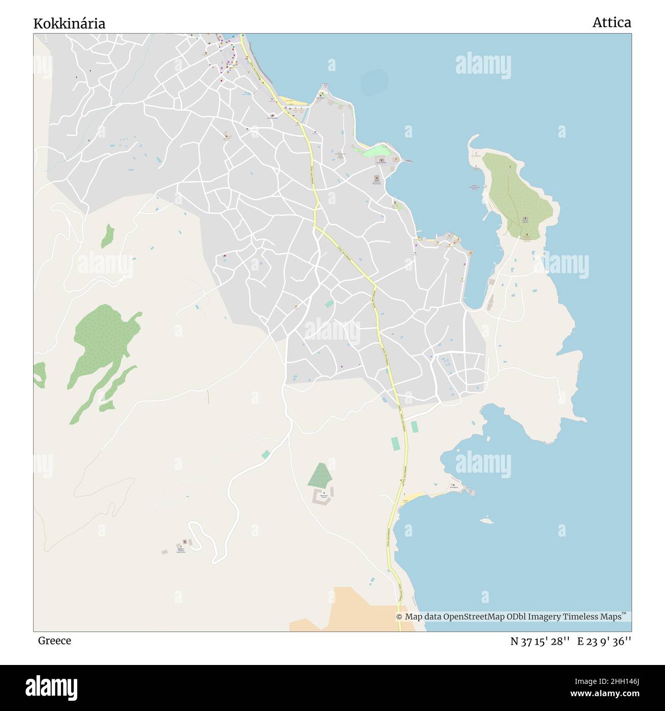 Kokkinária, Grecia, Attica, N 37 15' 28'', e 23 9' 36''', mappa, Mappa senza tempo pubblicata nel 2021. Viaggiatori, esploratori e avventurieri come Florence Nightingale, David Livingstone, Ernest Shackleton, Lewis and Clark e Sherlock Holmes si sono affidati alle mappe per pianificare i viaggi verso gli angoli più remoti del mondo, Timeless Maps sta mappando la maggior parte delle località del mondo, mostrando il successo di grandi sogni Foto Stock