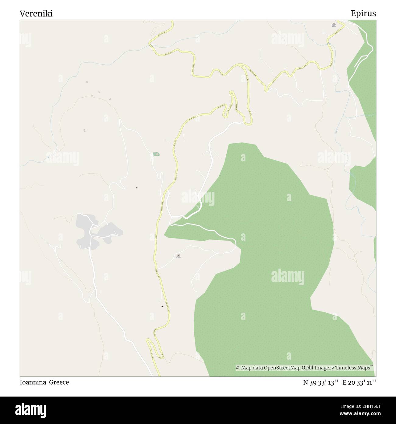 Vereniki, Ioannina, Grecia, EPIRO, N 39 33' 13'', e 20 33' 11''', mappa, mappa senza tempo pubblicata nel 2021. Viaggiatori, esploratori e avventurieri come Florence Nightingale, David Livingstone, Ernest Shackleton, Lewis and Clark e Sherlock Holmes si sono affidati alle mappe per pianificare i viaggi verso gli angoli più remoti del mondo, Timeless Maps sta mappando la maggior parte delle località del mondo, mostrando il successo di grandi sogni Foto Stock