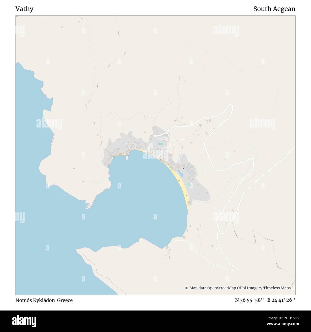 Vathy, Nomós Kykládon, Grecia, Egeo meridionale, N 36 55' 58'', e 24 41' 26''', mappa, mappa senza tempo pubblicata nel 2021. Viaggiatori, esploratori e avventurieri come Florence Nightingale, David Livingstone, Ernest Shackleton, Lewis and Clark e Sherlock Holmes si sono affidati alle mappe per pianificare i viaggi verso gli angoli più remoti del mondo, Timeless Maps sta mappando la maggior parte delle località del mondo, mostrando il successo di grandi sogni Foto Stock