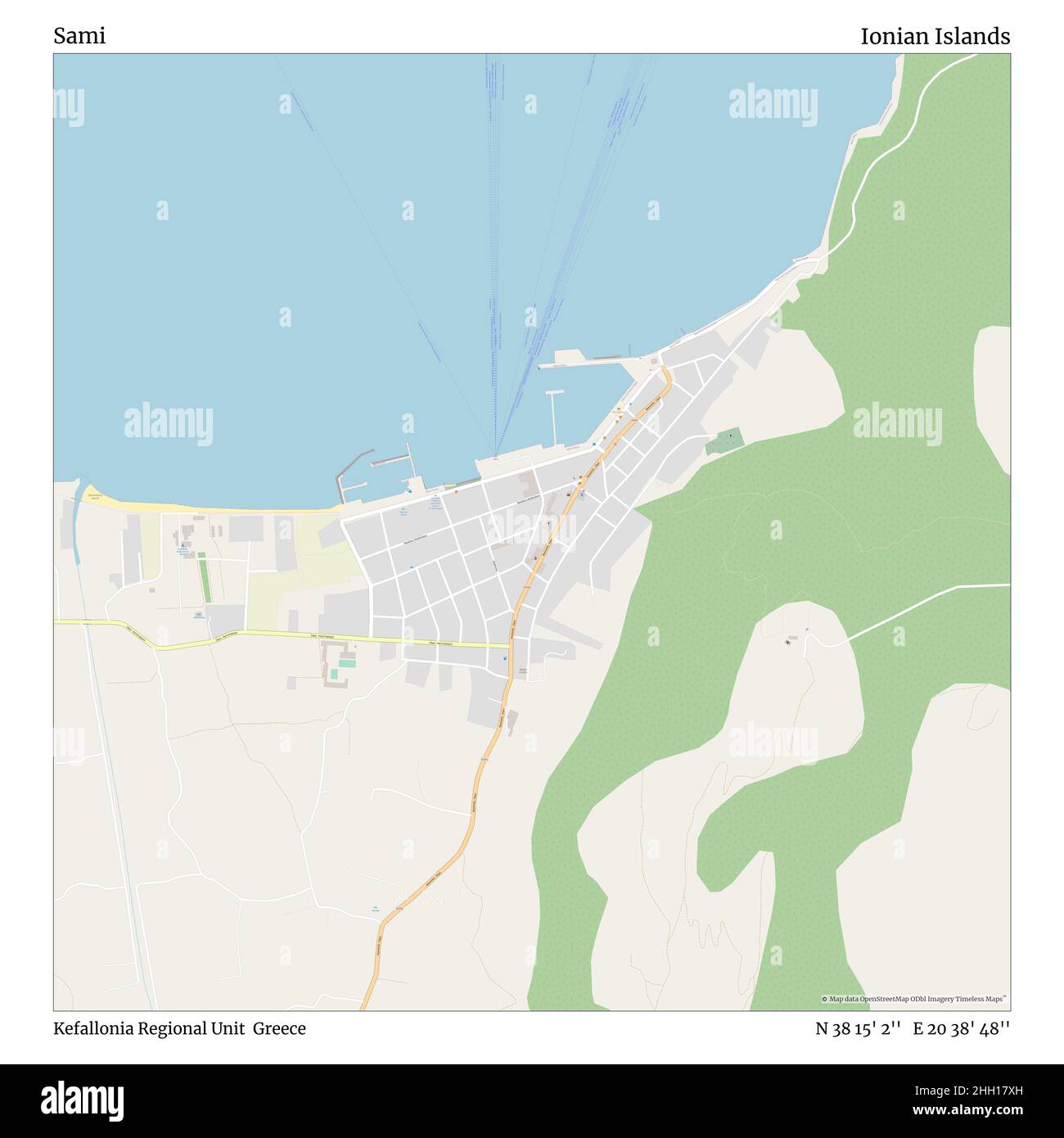 Sami, unità regionale di Cefalonia, Grecia, Isole IONIE, N 38 15' 2'', e 20 38' 48''', mappa, mappa senza tempo pubblicata nel 2021. Viaggiatori, esploratori e avventurieri come Florence Nightingale, David Livingstone, Ernest Shackleton, Lewis and Clark e Sherlock Holmes si sono affidati alle mappe per pianificare i viaggi verso gli angoli più remoti del mondo, Timeless Maps sta mappando la maggior parte delle località del mondo, mostrando il successo di grandi sogni Foto Stock