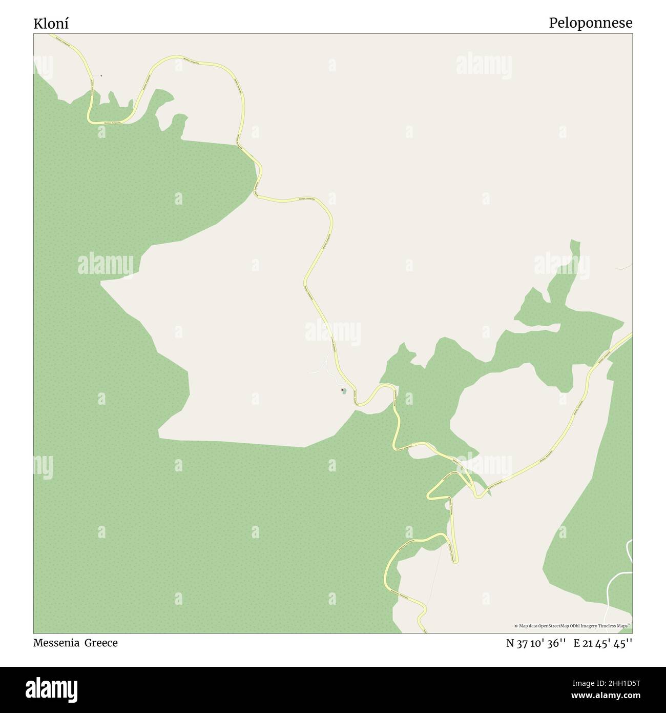 Kloní, Messenia, Grecia, Peloponneso, N 37 10' 36'', e 21 45' 45''', mappa, mappa senza tempo pubblicata nel 2021. Viaggiatori, esploratori e avventurieri come Florence Nightingale, David Livingstone, Ernest Shackleton, Lewis and Clark e Sherlock Holmes si sono affidati alle mappe per pianificare i viaggi verso gli angoli più remoti del mondo, Timeless Maps sta mappando la maggior parte delle località del mondo, mostrando il successo di grandi sogni Foto Stock