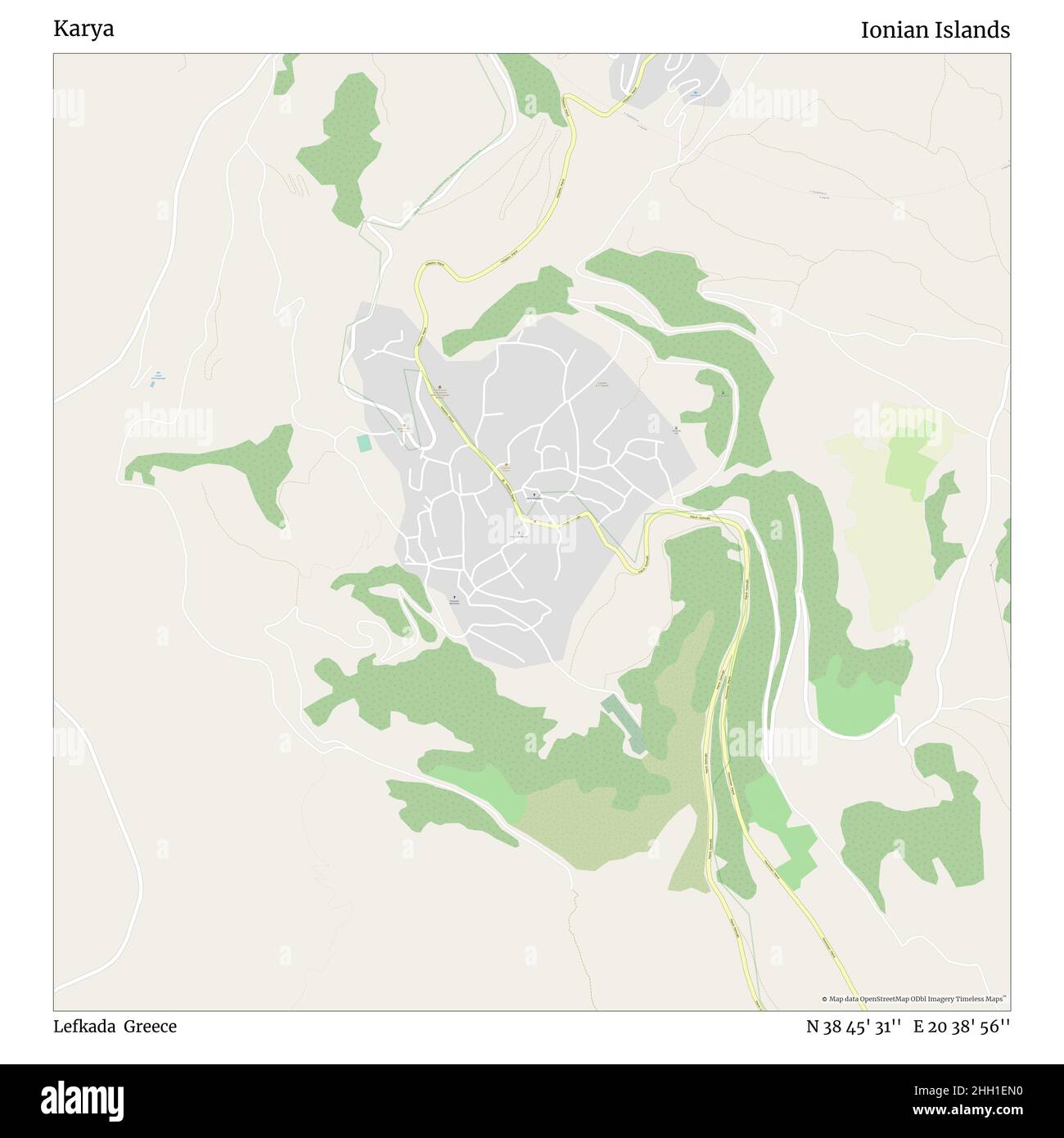 Karya, Lefkada, Grecia, Isole IONIE, N 38 45' 31'', e 20 38' 56''', mappa, mappa senza tempo pubblicata nel 2021. Viaggiatori, esploratori e avventurieri come Florence Nightingale, David Livingstone, Ernest Shackleton, Lewis and Clark e Sherlock Holmes si sono affidati alle mappe per pianificare i viaggi verso gli angoli più remoti del mondo, Timeless Maps sta mappando la maggior parte delle località del mondo, mostrando il successo di grandi sogni Foto Stock