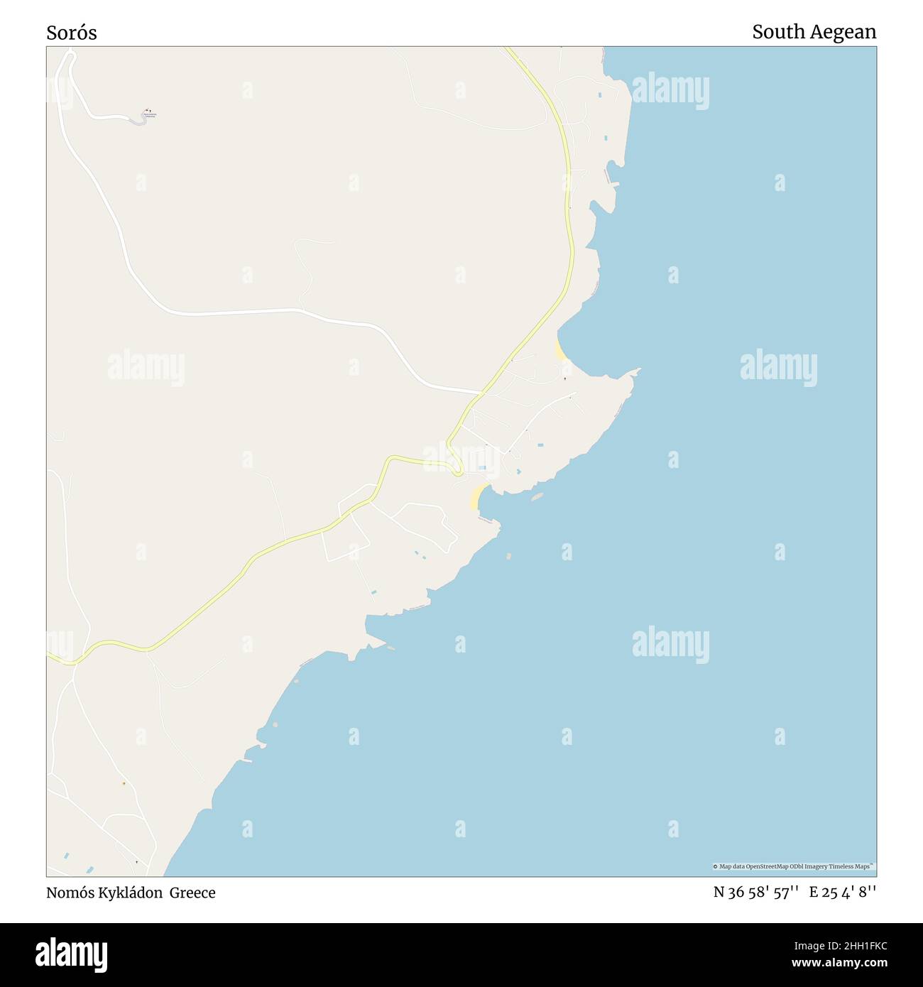 Sorós, Nomós Kykládon, Grecia, Egeo meridionale, N 36 58' 57'', e 25 4' 8''', mappa, mappa senza tempo pubblicata nel 2021. Viaggiatori, esploratori e avventurieri come Florence Nightingale, David Livingstone, Ernest Shackleton, Lewis and Clark e Sherlock Holmes si sono affidati alle mappe per pianificare i viaggi verso gli angoli più remoti del mondo, Timeless Maps sta mappando la maggior parte delle località del mondo, mostrando il successo di grandi sogni Foto Stock