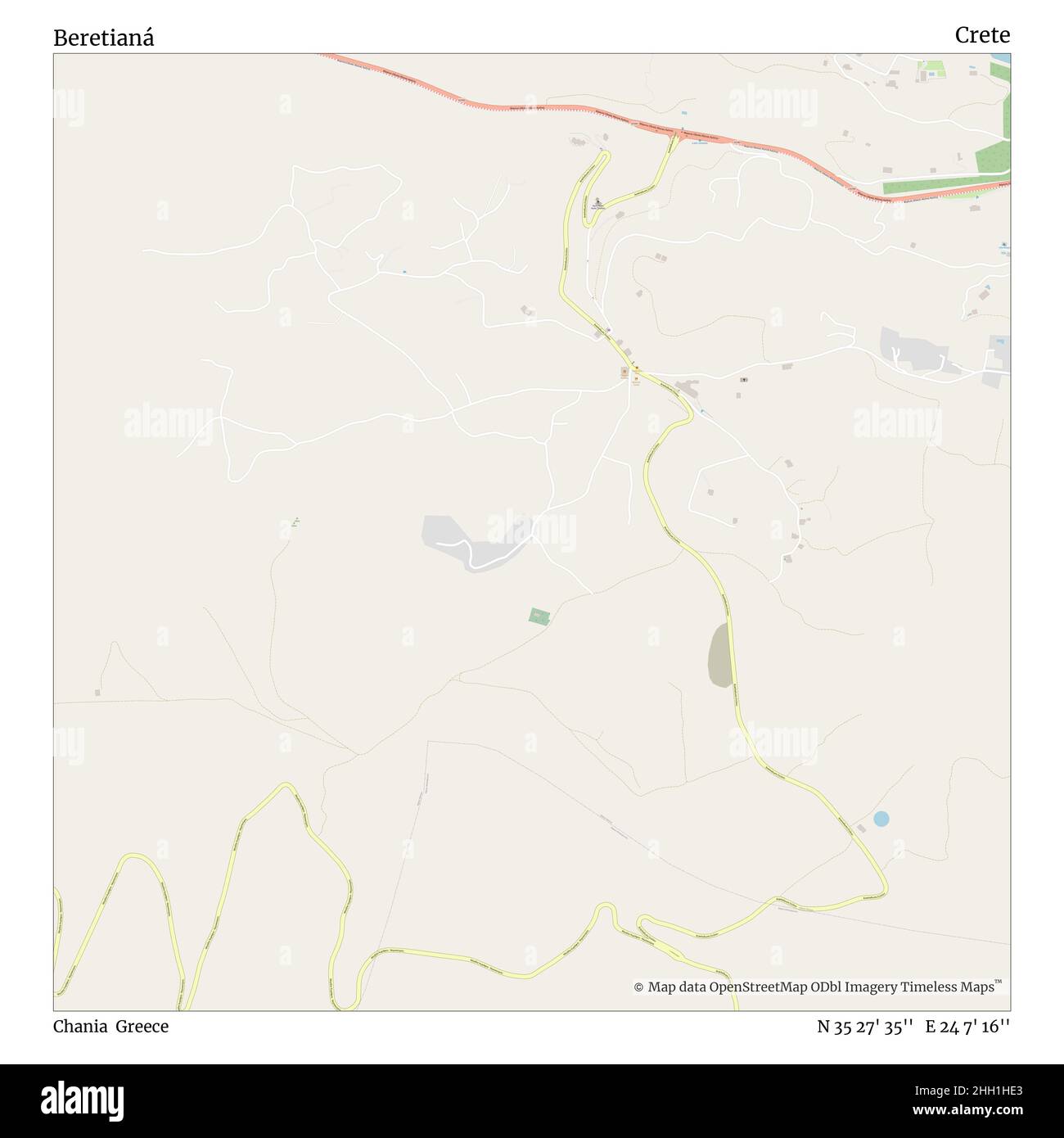 Beretianá, Chania, Grecia, Creta, N 35 27' 35'', e 24 7' 16''', mappa, mappa senza tempo pubblicata nel 2021. Viaggiatori, esploratori e avventurieri come Florence Nightingale, David Livingstone, Ernest Shackleton, Lewis and Clark e Sherlock Holmes si sono affidati alle mappe per pianificare i viaggi verso gli angoli più remoti del mondo, Timeless Maps sta mappando la maggior parte delle località del mondo, mostrando il successo di grandi sogni Foto Stock