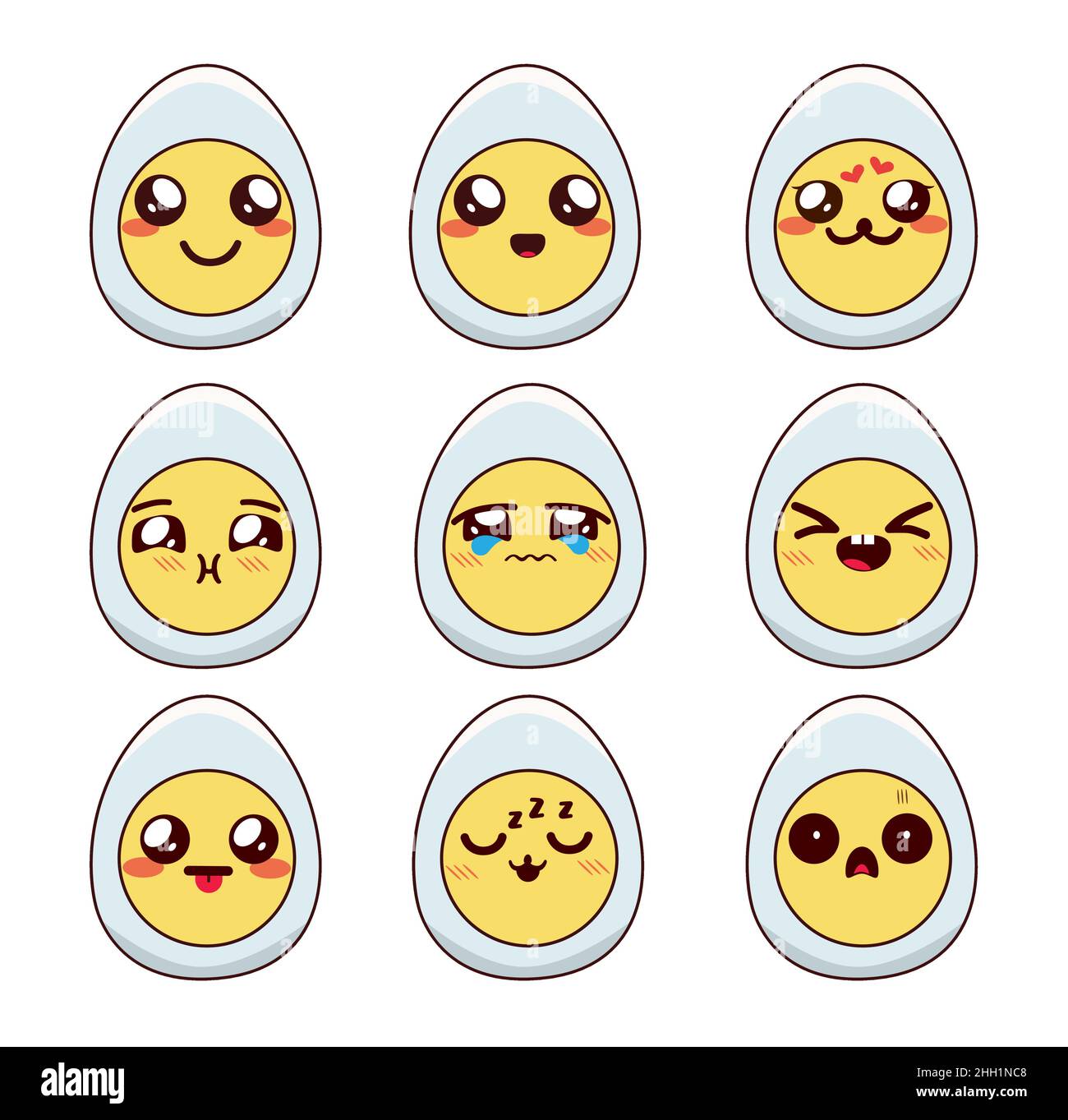 Kawaii emoji uova vettore set design. Uovo di Pasqua chibi emojis con cute espressione facciale in forma ovale faccia per la collezione di fumetti emoticon vacanza. Illustrazione Vettoriale