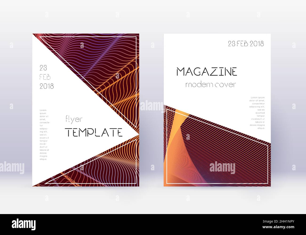 Set di template per design di copertura triangolare. Righe astratte arancioni su sfondo rosso vino. Incredibile design della copertina. Catalogo eccezionale, poster, modello di libro Illustrazione Vettoriale