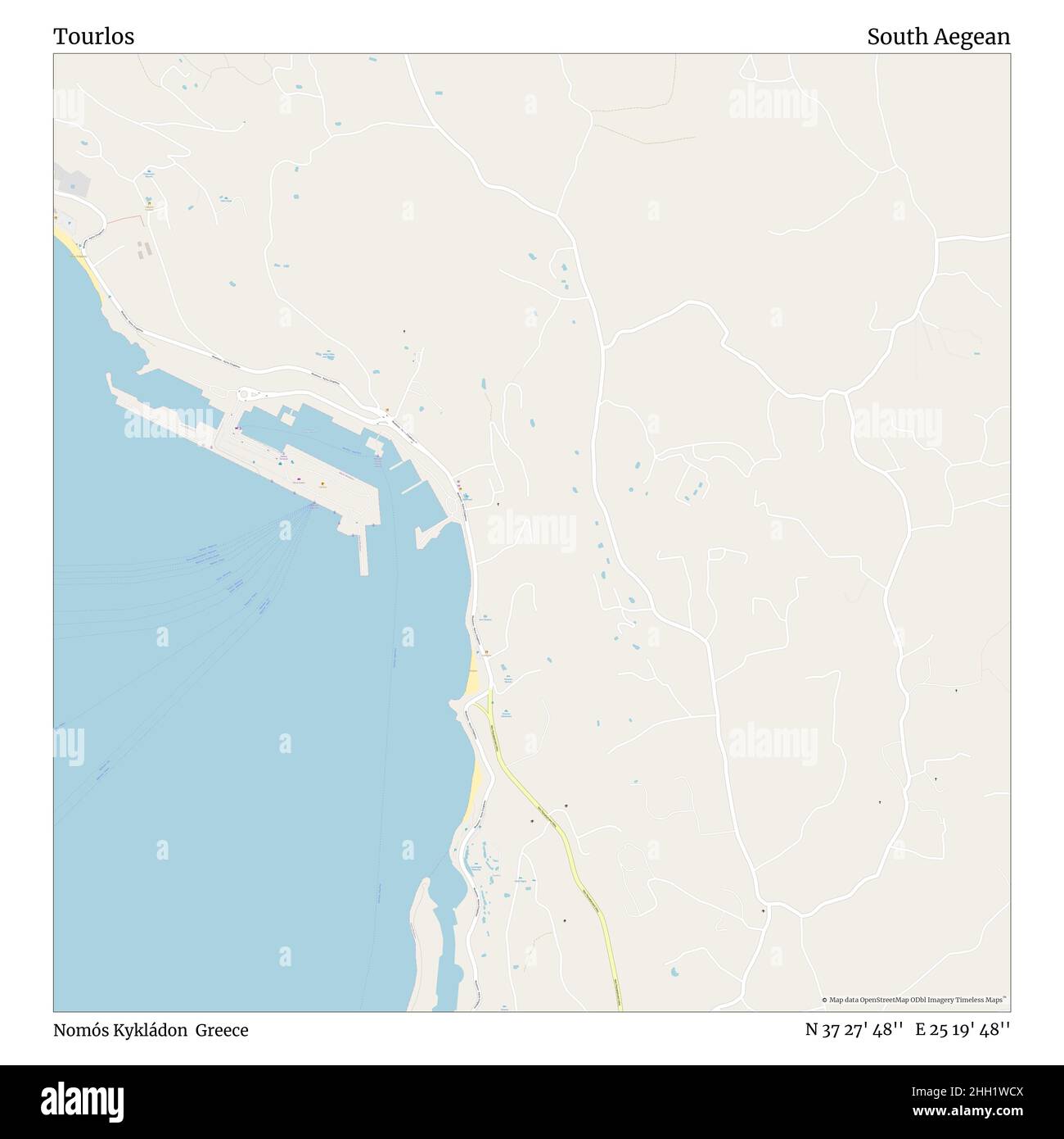 Tourlos, Nomós Kykládon, Grecia, Egeo meridionale, N 37 27' 48'', e 25 19' 48''', mappa, mappa senza tempo pubblicata nel 2021. Viaggiatori, esploratori e avventurieri come Florence Nightingale, David Livingstone, Ernest Shackleton, Lewis and Clark e Sherlock Holmes si sono affidati alle mappe per pianificare i viaggi verso gli angoli più remoti del mondo, Timeless Maps sta mappando la maggior parte delle località del mondo, mostrando il successo di grandi sogni Foto Stock