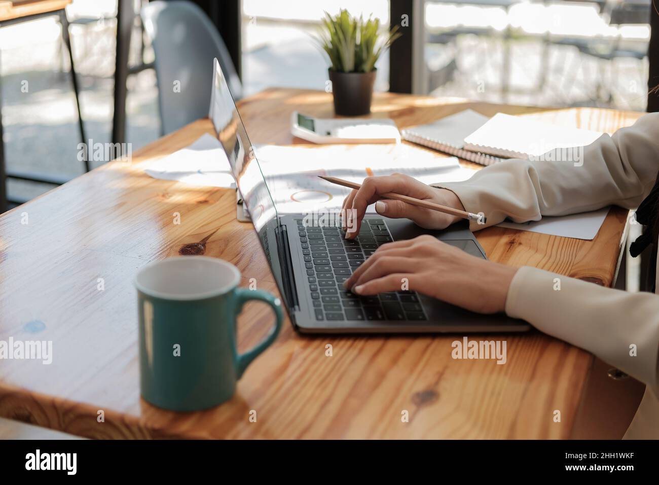 Primo piano donna d'affari che utilizza il computer portatile per l'analisi grafico del bilancio finanziario dell'azienda e dei costi di avanzamento e pianificazione del lavoro su scrivania in legno. Foto Stock