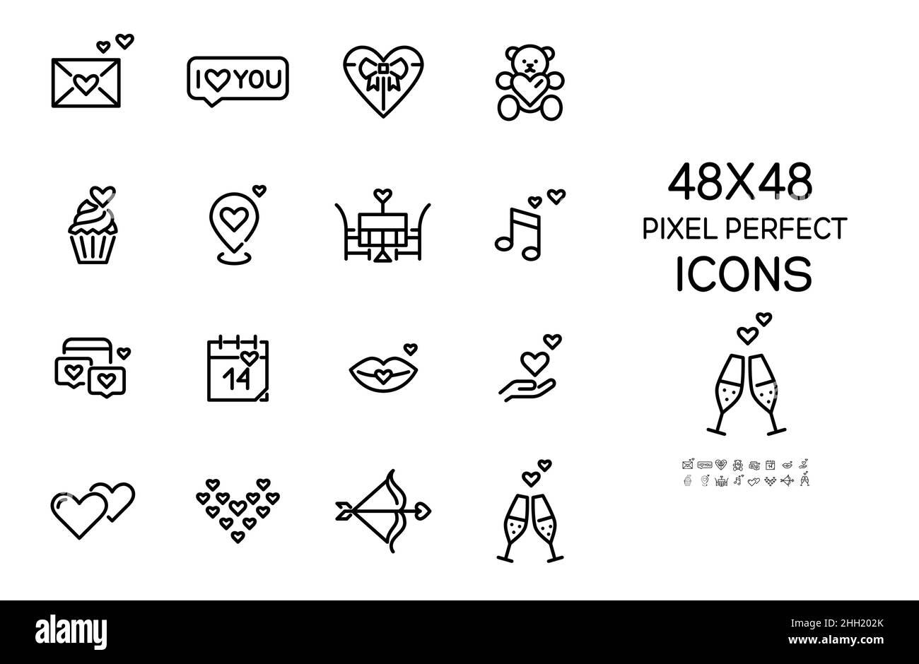 San Valentino Febbraio 14 romantico date icone set. Icone 64x64 con tratto modificabile pixel Perfect Illustrazione Vettoriale