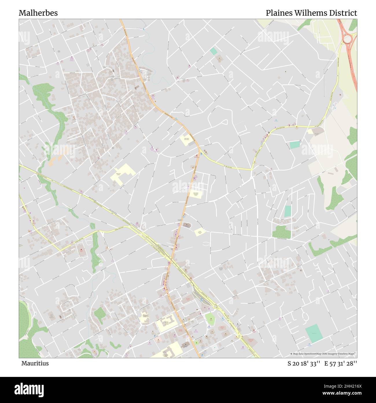 Malherbes, Mauritius, Plaines Wilhems District, S 20 18' 33'', e 57 31' 28''', mappa, mappa senza tempo pubblicata nel 2021. Viaggiatori, esploratori e avventurieri come Florence Nightingale, David Livingstone, Ernest Shackleton, Lewis and Clark e Sherlock Holmes si sono affidati alle mappe per pianificare i viaggi verso gli angoli più remoti del mondo, Timeless Maps sta mappando la maggior parte delle località del mondo, mostrando il successo di grandi sogni Foto Stock