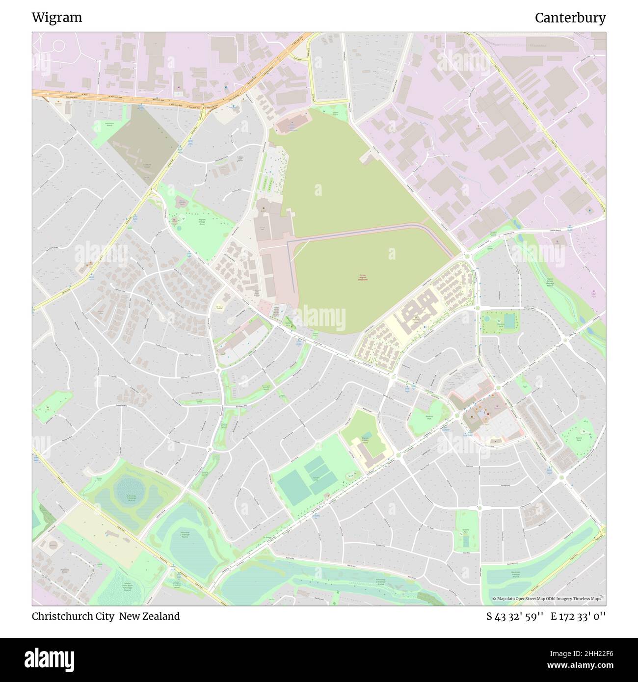 Wigram, Christchurch City, Nuova Zelanda, Canterbury, S 43 32' 59'', e 172 33' 0''', mappa, mappa senza tempo pubblicata nel 2021. Viaggiatori, esploratori e avventurieri come Florence Nightingale, David Livingstone, Ernest Shackleton, Lewis and Clark e Sherlock Holmes si sono affidati alle mappe per pianificare i viaggi verso gli angoli più remoti del mondo, Timeless Maps sta mappando la maggior parte delle località del mondo, mostrando il successo di grandi sogni Foto Stock