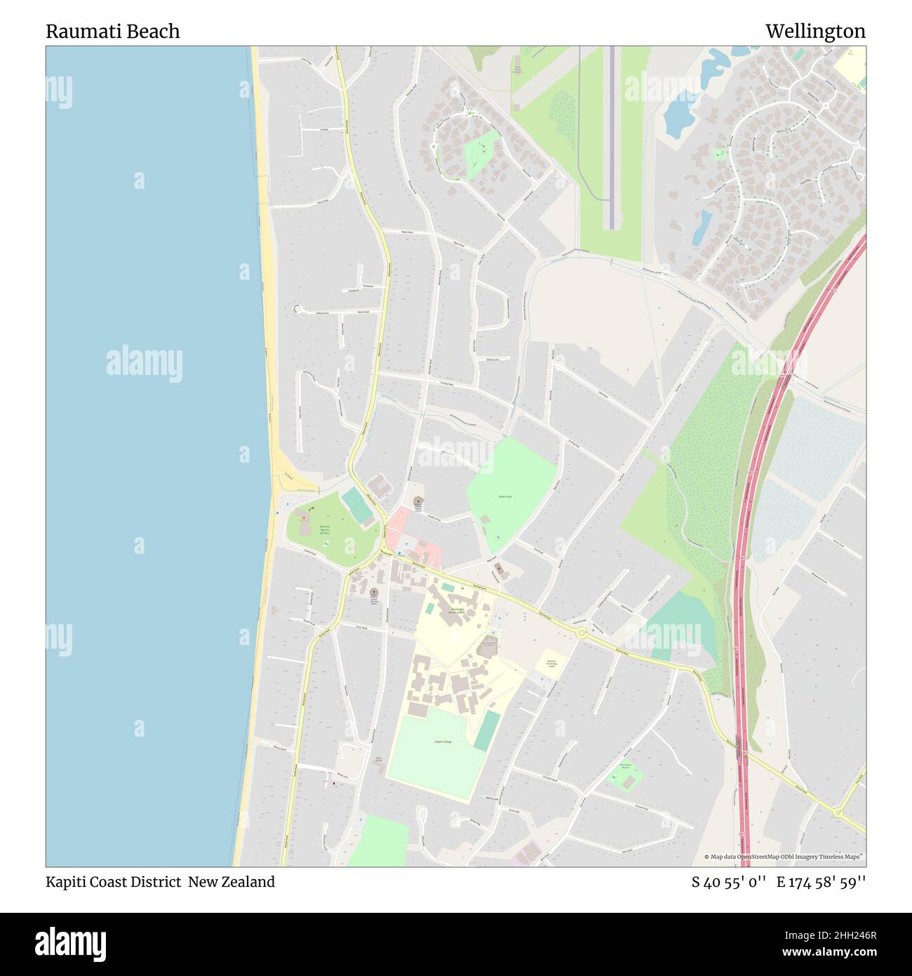 Raumati Beach, Kapiti Coast District, Nuova Zelanda, Wellington, S 40 55' 0'', e 174 58' 59''', mappa, mappa senza tempo pubblicata nel 2021. Viaggiatori, esploratori e avventurieri come Florence Nightingale, David Livingstone, Ernest Shackleton, Lewis and Clark e Sherlock Holmes si sono affidati alle mappe per pianificare i viaggi verso gli angoli più remoti del mondo, Timeless Maps sta mappando la maggior parte delle località del mondo, mostrando il successo di grandi sogni Foto Stock