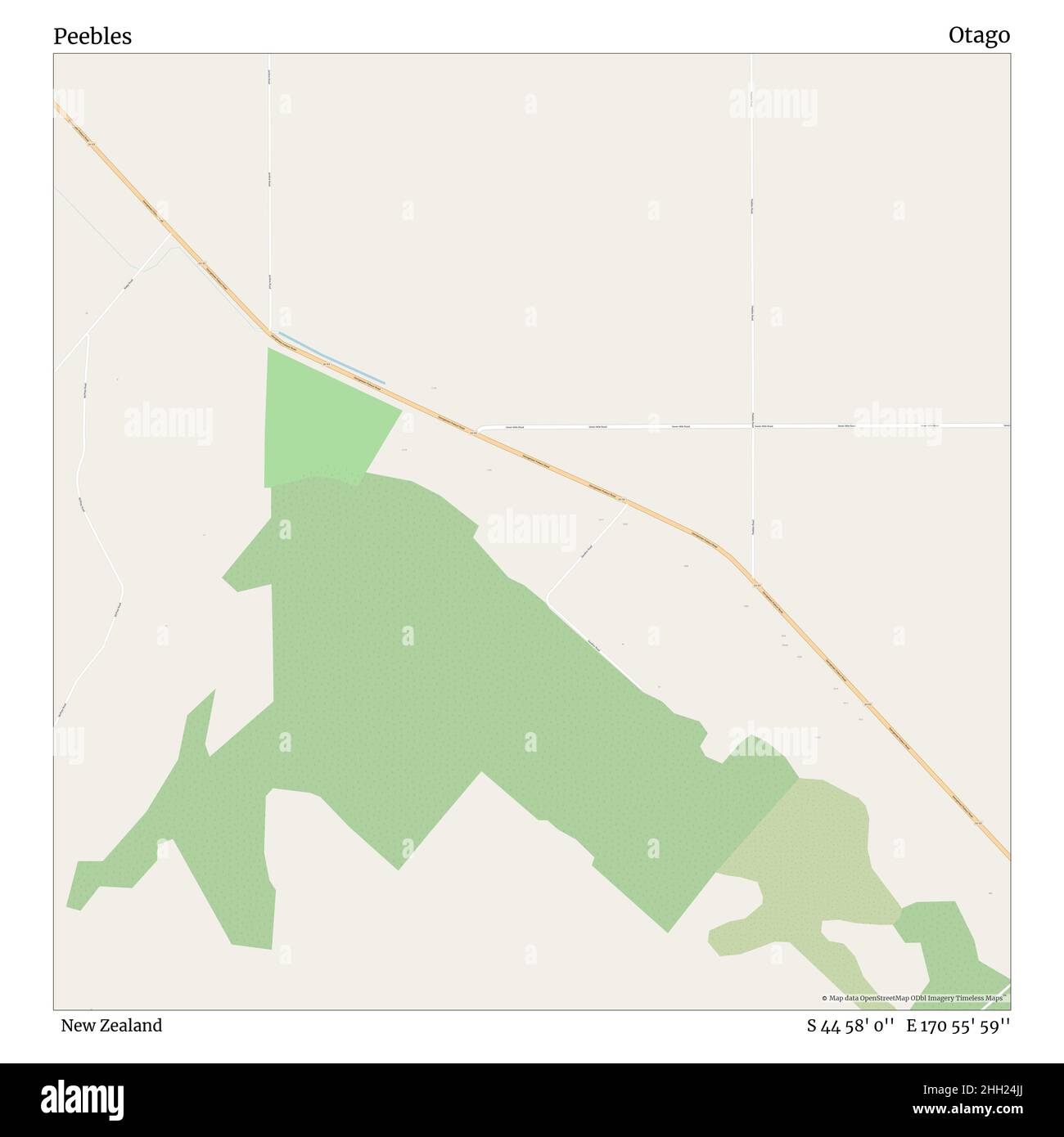 Peebles, Nuova Zelanda, Otago, S 44 58' 0'', e 170 55' 59''', mappa, mappa senza tempo pubblicata nel 2021. Viaggiatori, esploratori e avventurieri come Florence Nightingale, David Livingstone, Ernest Shackleton, Lewis and Clark e Sherlock Holmes si sono affidati alle mappe per pianificare i viaggi verso gli angoli più remoti del mondo, Timeless Maps sta mappando la maggior parte delle località del mondo, mostrando il successo di grandi sogni Foto Stock