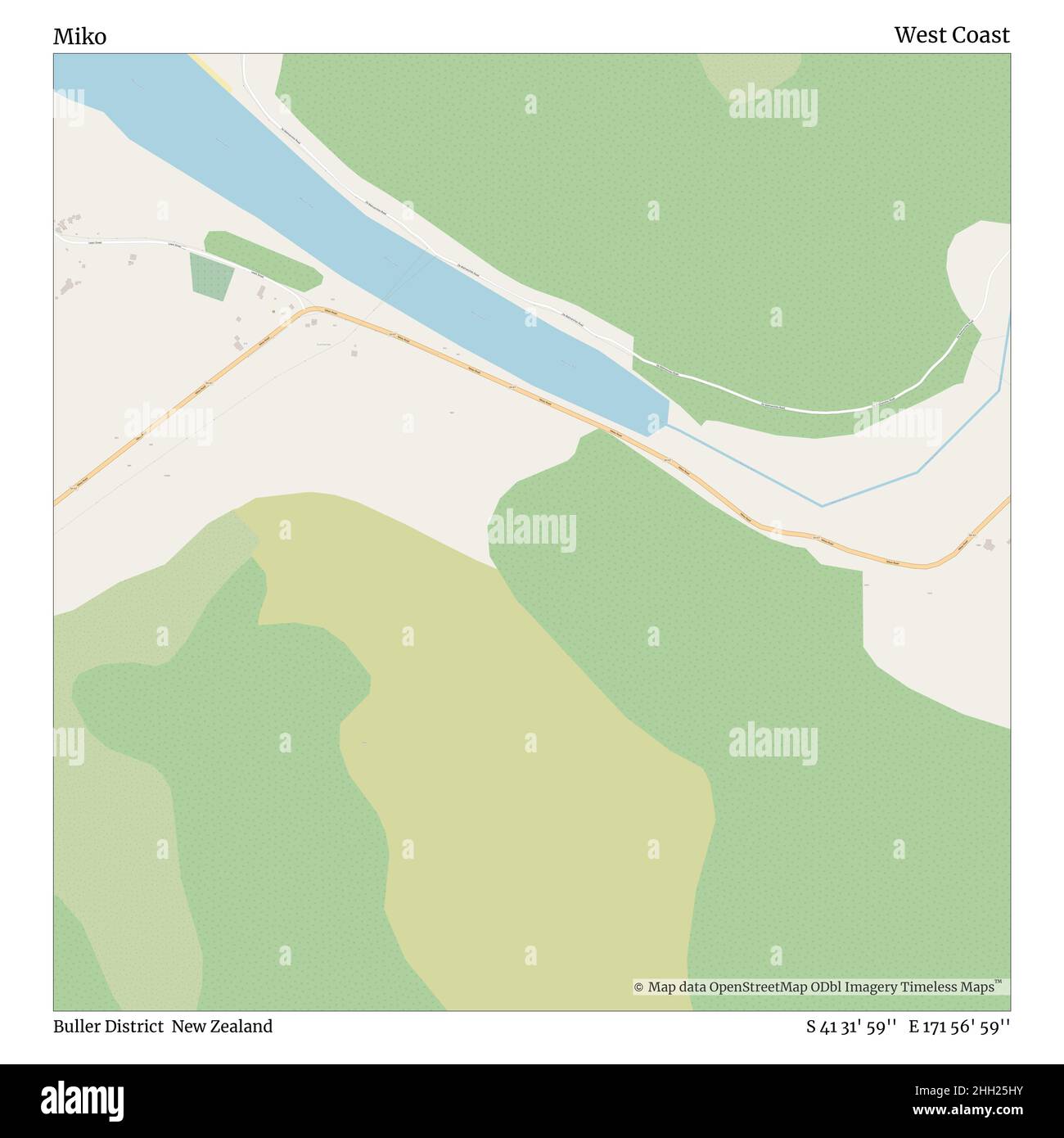 Miko, Buller District, Nuova Zelanda, West Coast, S 41 31' 59'', e 171 56' 59''', mappa, mappa senza tempo pubblicata nel 2021. Viaggiatori, esploratori e avventurieri come Florence Nightingale, David Livingstone, Ernest Shackleton, Lewis and Clark e Sherlock Holmes si sono affidati alle mappe per pianificare i viaggi verso gli angoli più remoti del mondo, Timeless Maps sta mappando la maggior parte delle località del mondo, mostrando il successo di grandi sogni Foto Stock