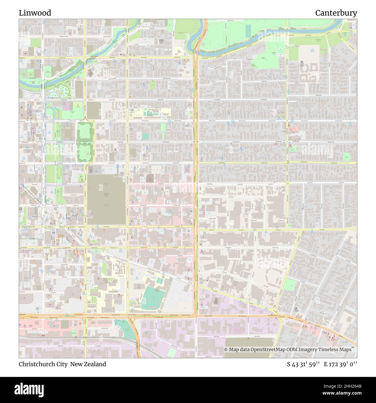 Linwood, Christchurch City, Nuova Zelanda, Canterbury, S 43 31' 59'', e 172 39' 0''', mappa, mappa senza tempo pubblicata nel 2021. Viaggiatori, esploratori e avventurieri come Florence Nightingale, David Livingstone, Ernest Shackleton, Lewis and Clark e Sherlock Holmes si sono affidati alle mappe per pianificare i viaggi verso gli angoli più remoti del mondo, Timeless Maps sta mappando la maggior parte delle località del mondo, mostrando il successo di grandi sogni Foto Stock