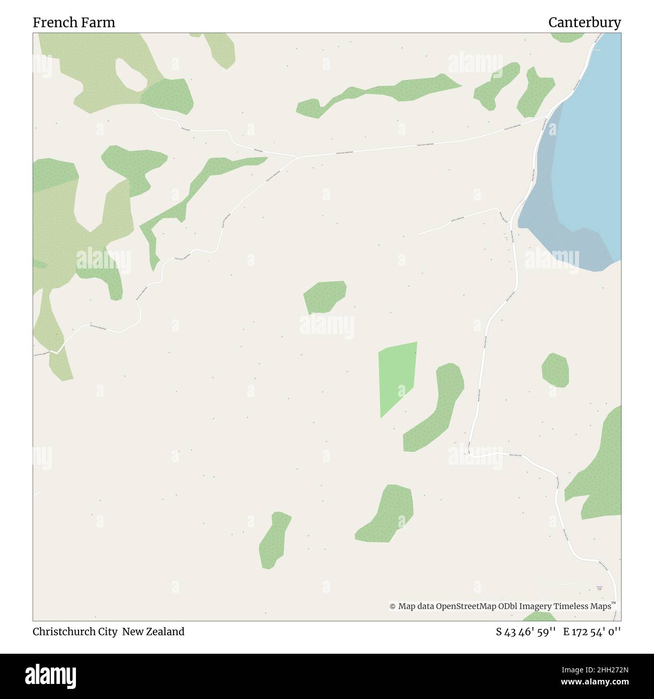 French Farm, Christchurch City, New Zealand, Canterbury, S 43 46' 59'', e 172 54' 0''', mappa, mappa senza tempo pubblicata nel 2021. Viaggiatori, esploratori e avventurieri come Florence Nightingale, David Livingstone, Ernest Shackleton, Lewis and Clark e Sherlock Holmes si sono affidati alle mappe per pianificare i viaggi verso gli angoli più remoti del mondo, Timeless Maps sta mappando la maggior parte delle località del mondo, mostrando il successo di grandi sogni Foto Stock