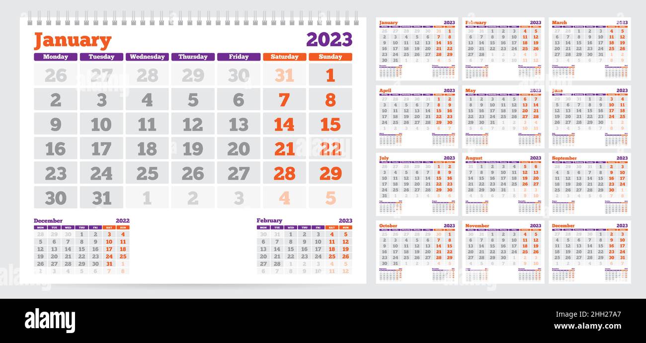 Calendario 2023. La settimana inizia il lunedì. Set di 12 mesi. Illustrazione vettoriale Illustrazione Vettoriale