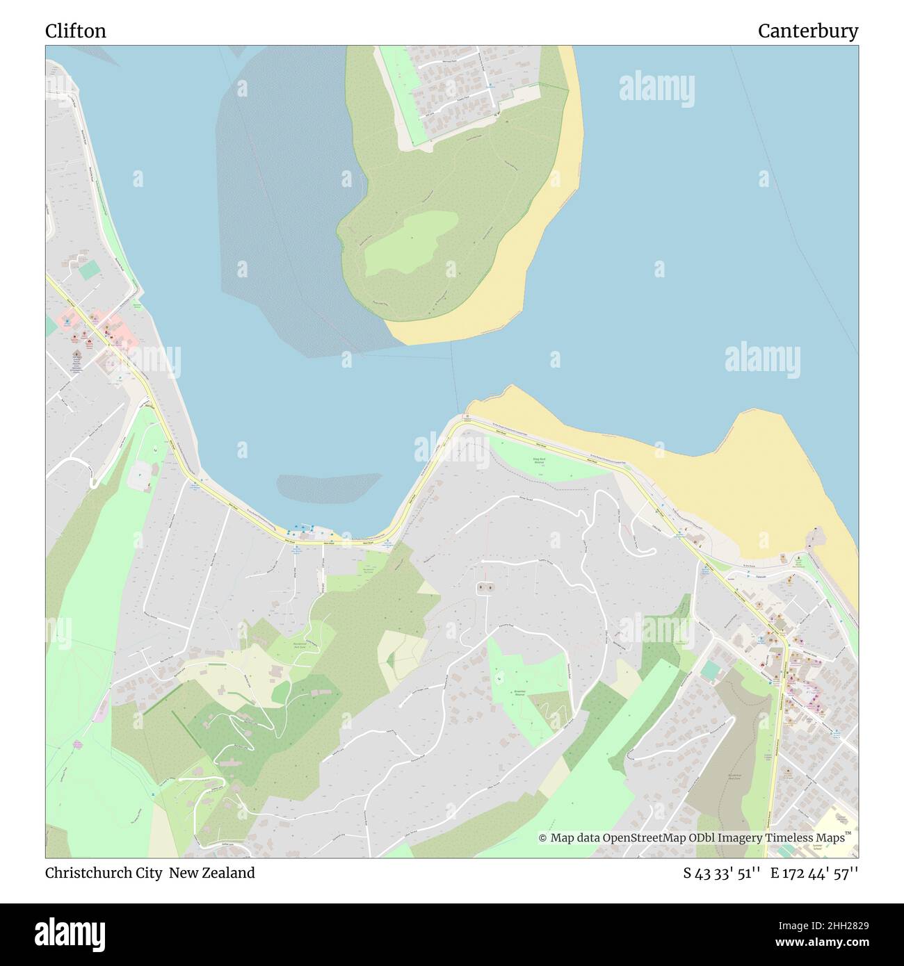 Clifton, Christchurch City, Nuova Zelanda, Canterbury, S 43 33' 51'', e 172 44' 57''', mappa, mappa senza tempo pubblicata nel 2021. Viaggiatori, esploratori e avventurieri come Florence Nightingale, David Livingstone, Ernest Shackleton, Lewis and Clark e Sherlock Holmes si sono affidati alle mappe per pianificare i viaggi verso gli angoli più remoti del mondo, Timeless Maps sta mappando la maggior parte delle località del mondo, mostrando il successo di grandi sogni Foto Stock