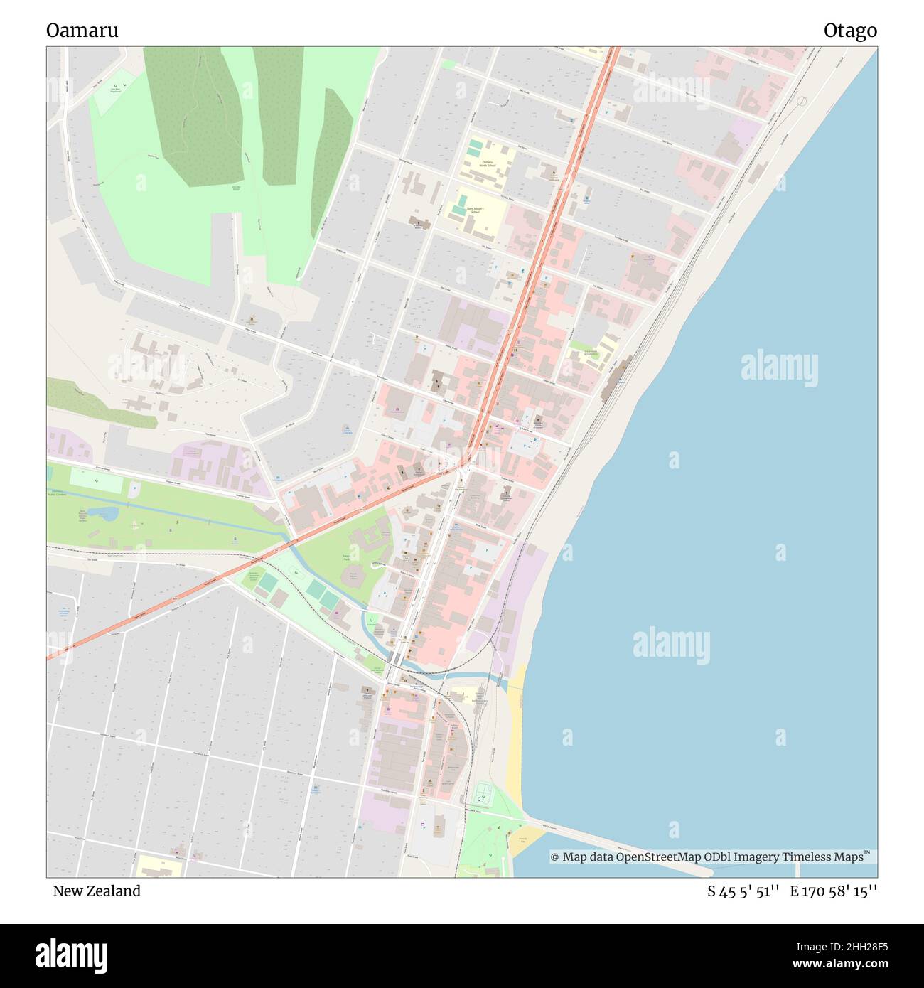 Oamaru, Nuova Zelanda, Otago, S 45 5' 51'', e 170 58' 15'', mappa, Mappa senza tempo pubblicata nel 2021. Viaggiatori, esploratori e avventurieri come Florence Nightingale, David Livingstone, Ernest Shackleton, Lewis and Clark e Sherlock Holmes si sono affidati alle mappe per pianificare i viaggi verso gli angoli più remoti del mondo, Timeless Maps sta mappando la maggior parte delle località del mondo, mostrando il successo di grandi sogni Foto Stock