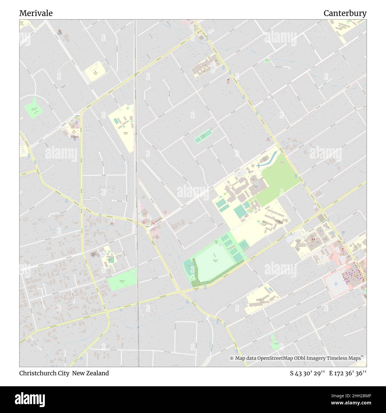 Merivale, Christchurch City, Nuova Zelanda, Canterbury, S 43 30' 29'', e 172 36' 36''', mappa, mappa senza tempo pubblicata nel 2021. Viaggiatori, esploratori e avventurieri come Florence Nightingale, David Livingstone, Ernest Shackleton, Lewis and Clark e Sherlock Holmes si sono affidati alle mappe per pianificare i viaggi verso gli angoli più remoti del mondo, Timeless Maps sta mappando la maggior parte delle località del mondo, mostrando il successo di grandi sogni Foto Stock