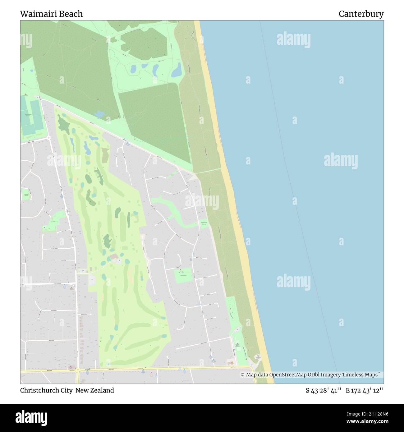 Waimairi Beach, Christchurch City, Nuova Zelanda, Canterbury, S 43 28' 41''', e 172 43' 12''', mappa, mappa senza tempo pubblicata nel 2021. Viaggiatori, esploratori e avventurieri come Florence Nightingale, David Livingstone, Ernest Shackleton, Lewis and Clark e Sherlock Holmes si sono affidati alle mappe per pianificare i viaggi verso gli angoli più remoti del mondo, Timeless Maps sta mappando la maggior parte delle località del mondo, mostrando il successo di grandi sogni Foto Stock