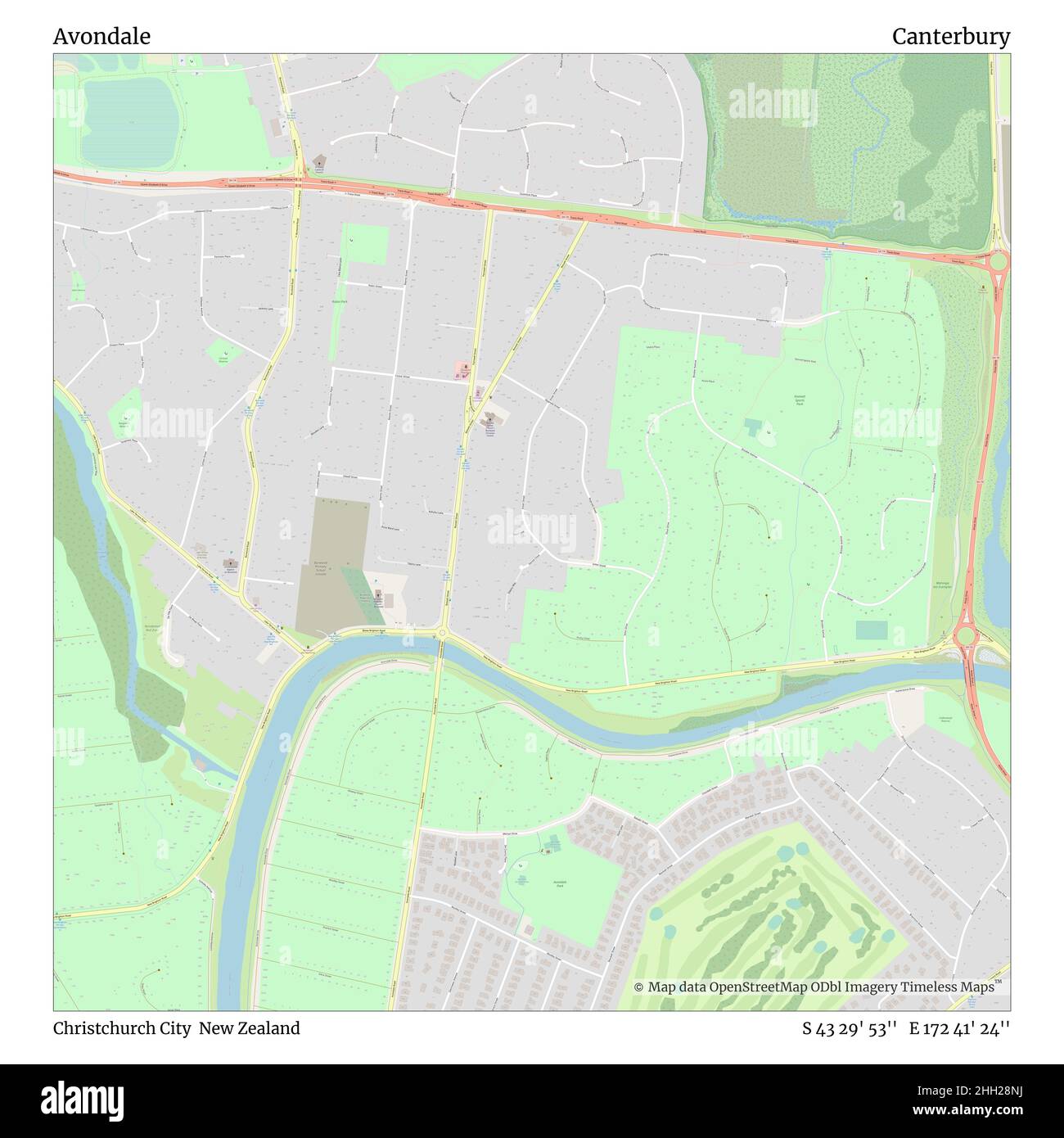 Avondale, Christchurch City, Nuova Zelanda, Canterbury, S 43 29' 53'', e 172 41' 24''', mappa, mappa senza tempo pubblicata nel 2021. Viaggiatori, esploratori e avventurieri come Florence Nightingale, David Livingstone, Ernest Shackleton, Lewis and Clark e Sherlock Holmes si sono affidati alle mappe per pianificare i viaggi verso gli angoli più remoti del mondo, Timeless Maps sta mappando la maggior parte delle località del mondo, mostrando il successo di grandi sogni Foto Stock