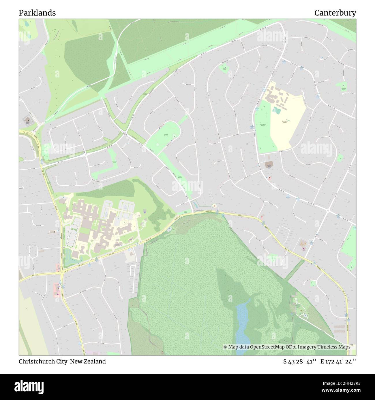 Parklands, Christchurch City, Nuova Zelanda, Canterbury, S 43 28' 41'', e 172 41' 24''', mappa, Mappa senza tempo pubblicata nel 2021. Viaggiatori, esploratori e avventurieri come Florence Nightingale, David Livingstone, Ernest Shackleton, Lewis and Clark e Sherlock Holmes si sono affidati alle mappe per pianificare i viaggi verso gli angoli più remoti del mondo, Timeless Maps sta mappando la maggior parte delle località del mondo, mostrando il successo di grandi sogni Foto Stock