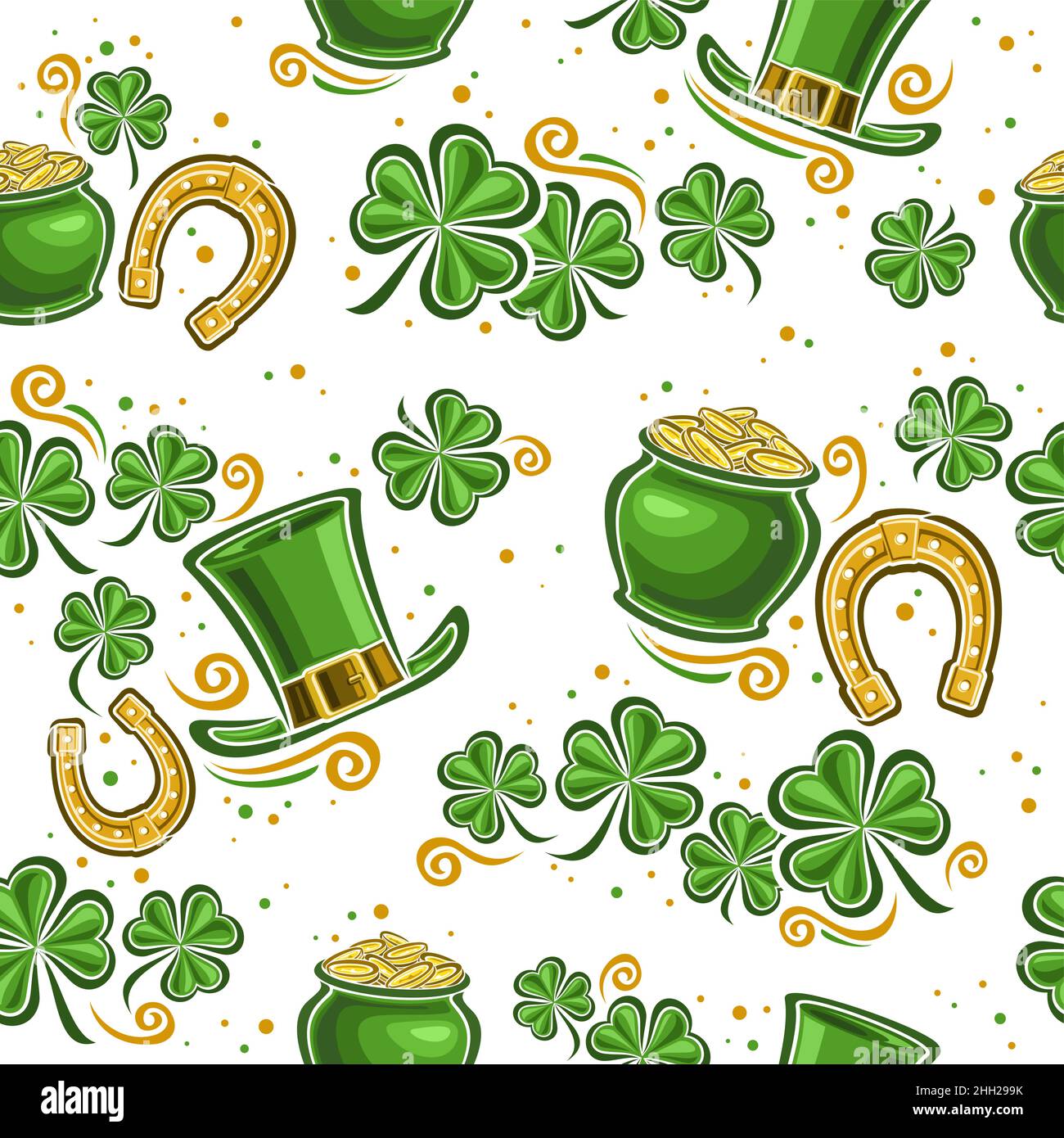 Vector Patrick's Day Seamless Pattern, quadrato che ripete lo sfondo con illustrazioni di foglie decorative shamrock e cartoni animati san Patricks simboli Illustrazione Vettoriale