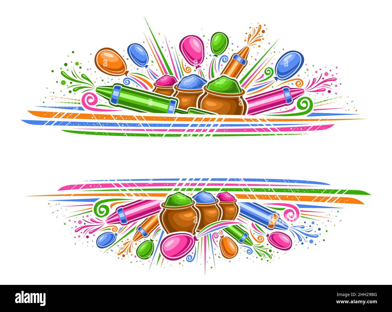 Bordo vettoriale per il Festival Holi con spazio di copia per il testo, cornice orizzontale con illustrazione di varietà palloncini colorati, polvere decorativa gulale in Illustrazione Vettoriale